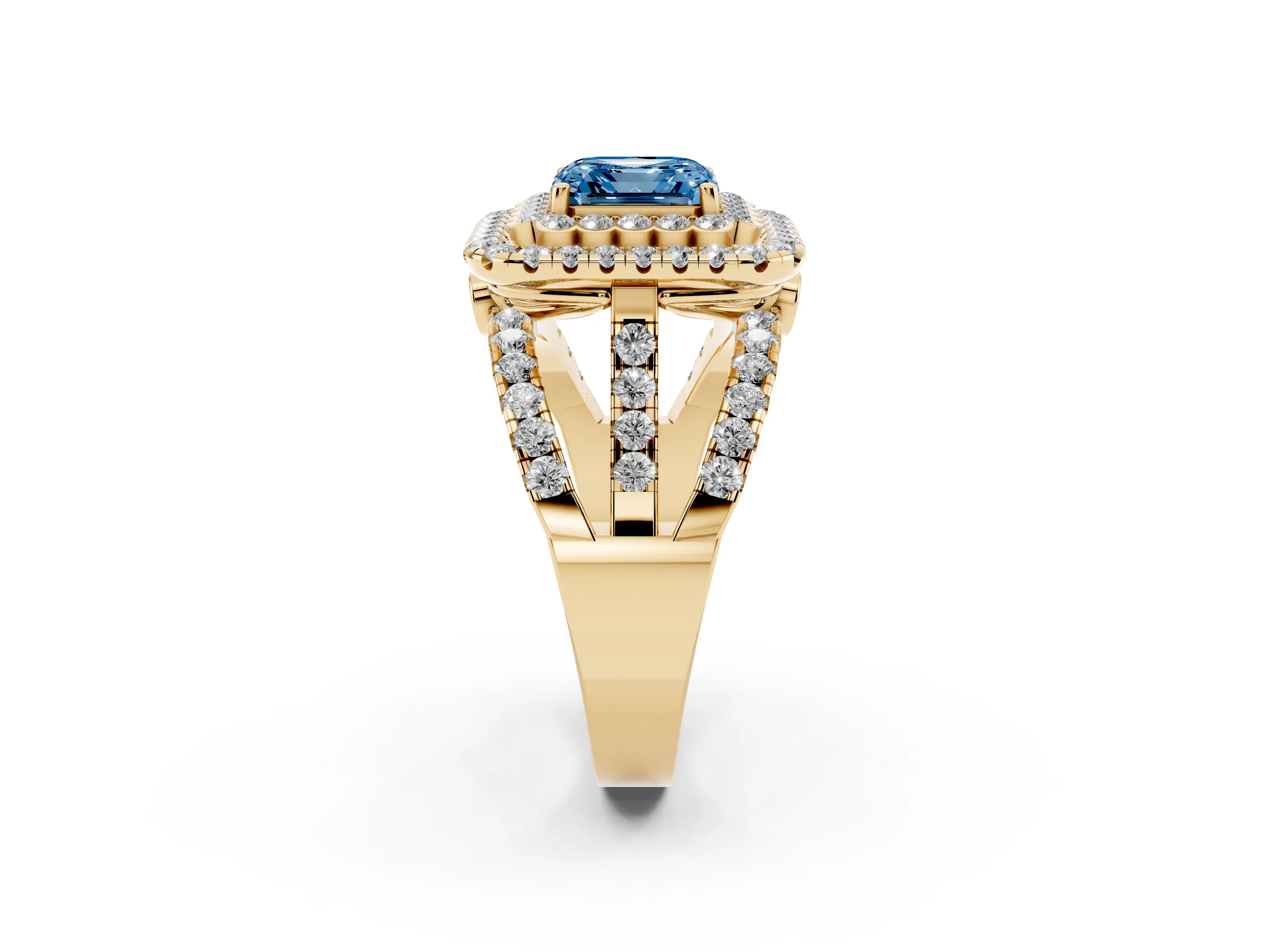 Fancy Blue Asscher Cut Diamond Double Halo Ring Set in Yellow gold with Round Pavé Split Shank