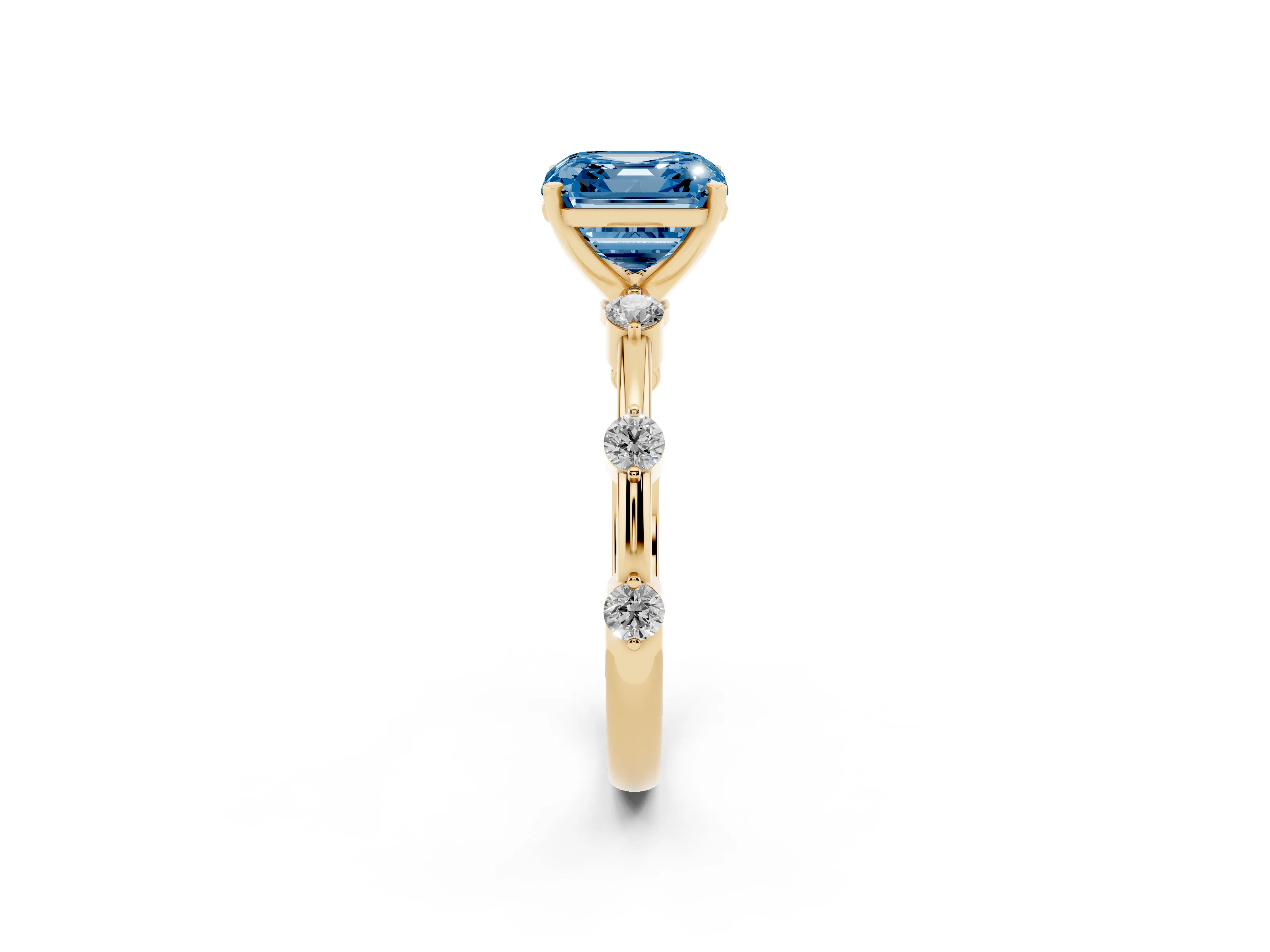 Fancy Blue Asscher Cut Diamond Solitaire Ring Set in Yellow gold with Bezel Set Side Stones and Prong Setting