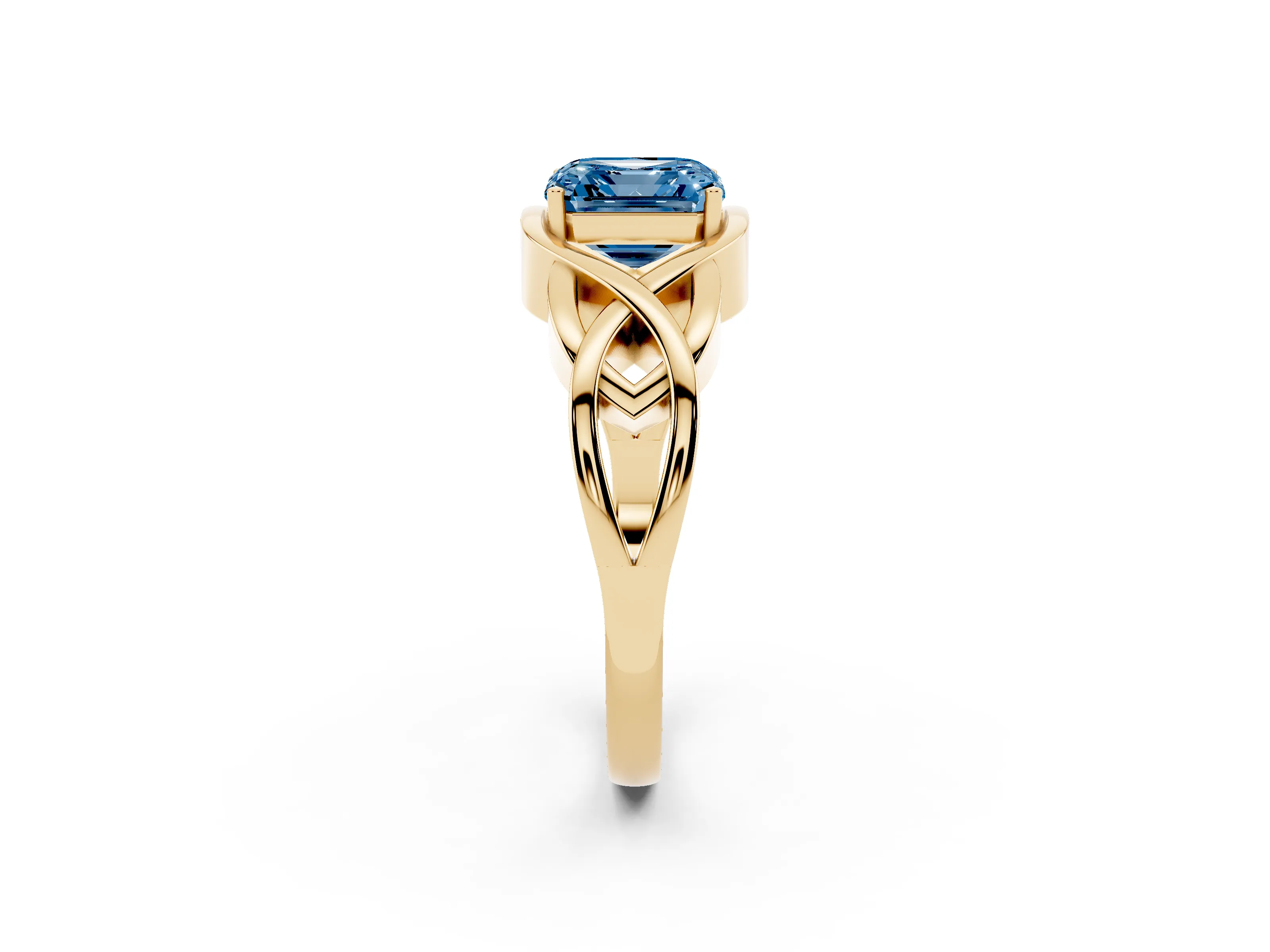 Fancy Blue Asscher Cut Diamond Solitaire Ring Set in Yellow gold with Intertwined Band