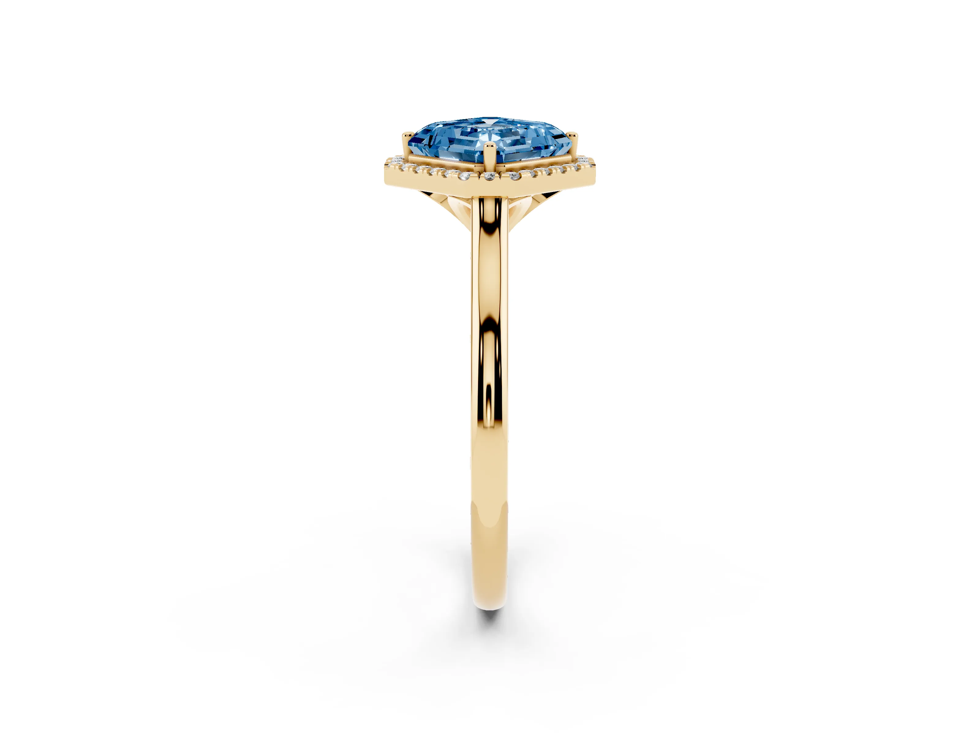 Fancy Blue Asscher Cut Diamond Halo Engagement Ring Set in Yellow gold with Pavé Band and Rising Shoulders