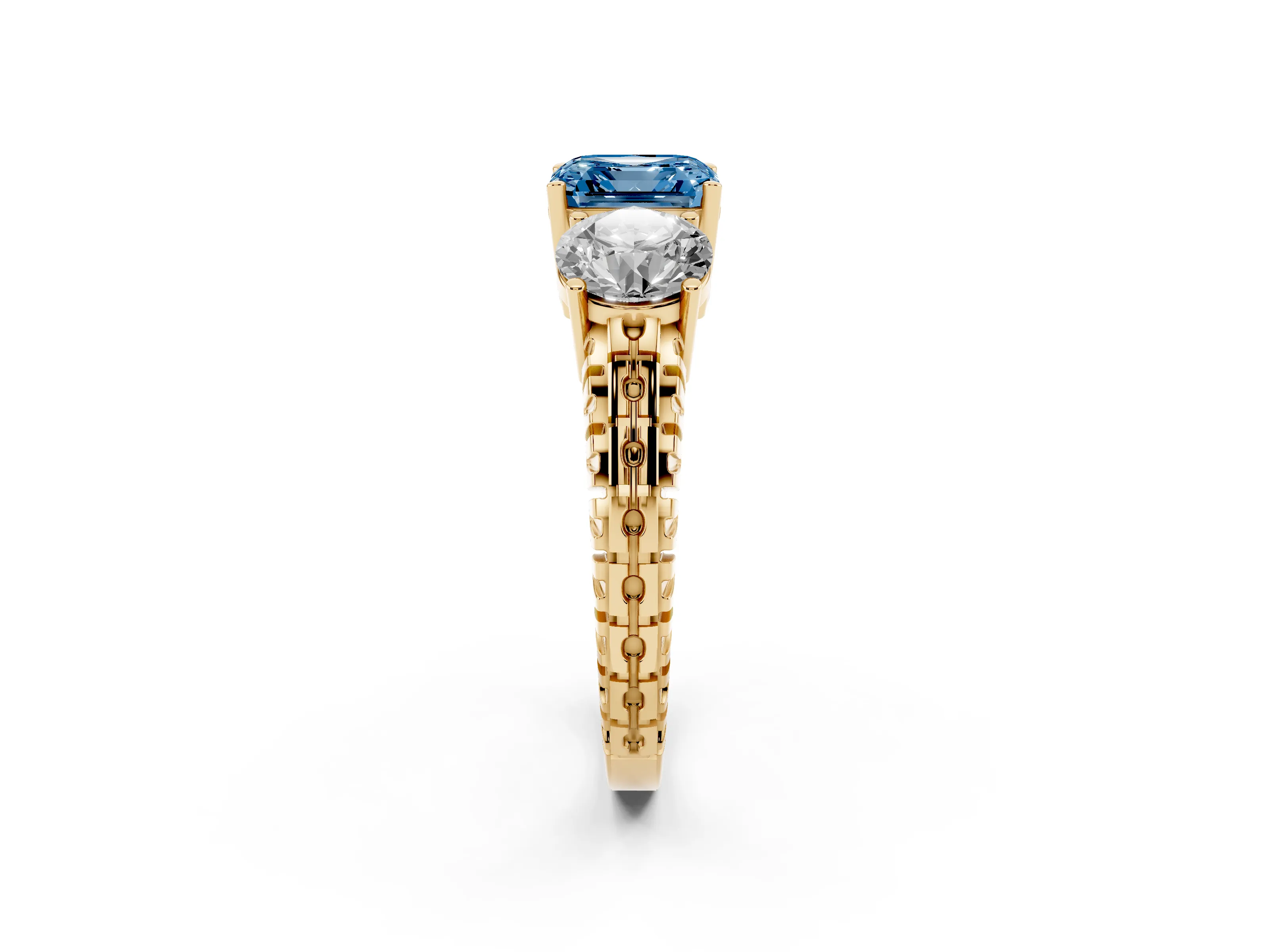 Fancy Blue Asscher Cut Diamond Three-Stone Ring Set in Yellow gold with Channel-Set Accent Band