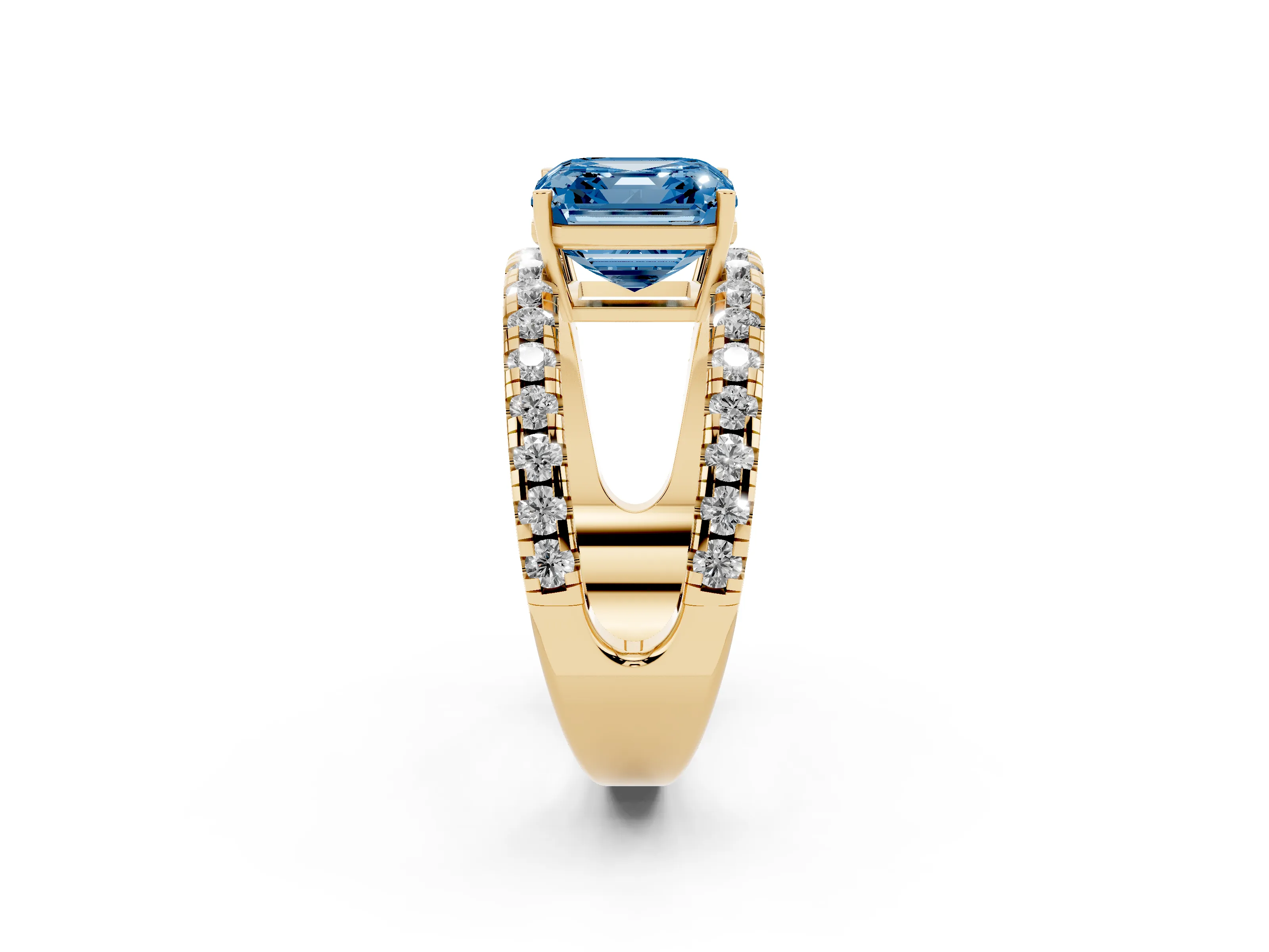 Fancy Blue Asscher Cut Diamond Split Shank Pavé Solitaire Ring Set in Yellow gold with Open Shank Design