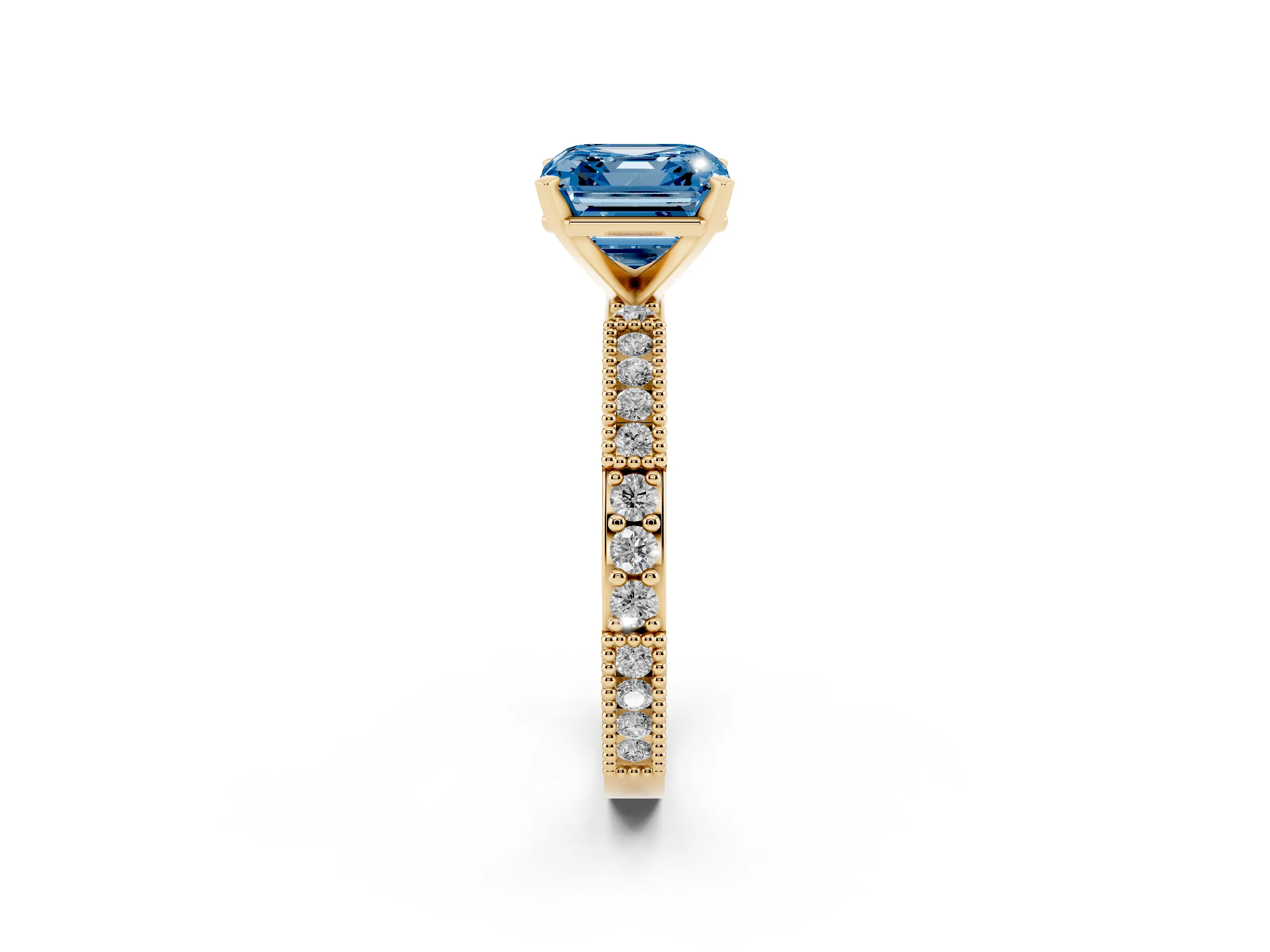 Fancy Blue Asscher Cut Diamond Solitaire Ring Set in Yellow gold with Slim Pavé Band and Prong Setting