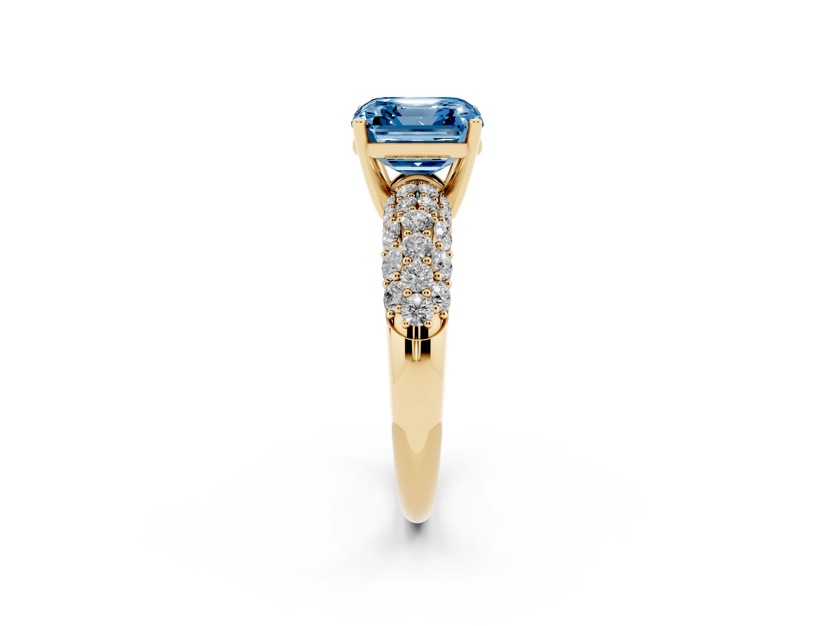 Fancy Blue Asscher Cut Diamond Pavé Band Solitaire Ring Set in Yellow gold with Close-Set Accent Stones and Prong Setting