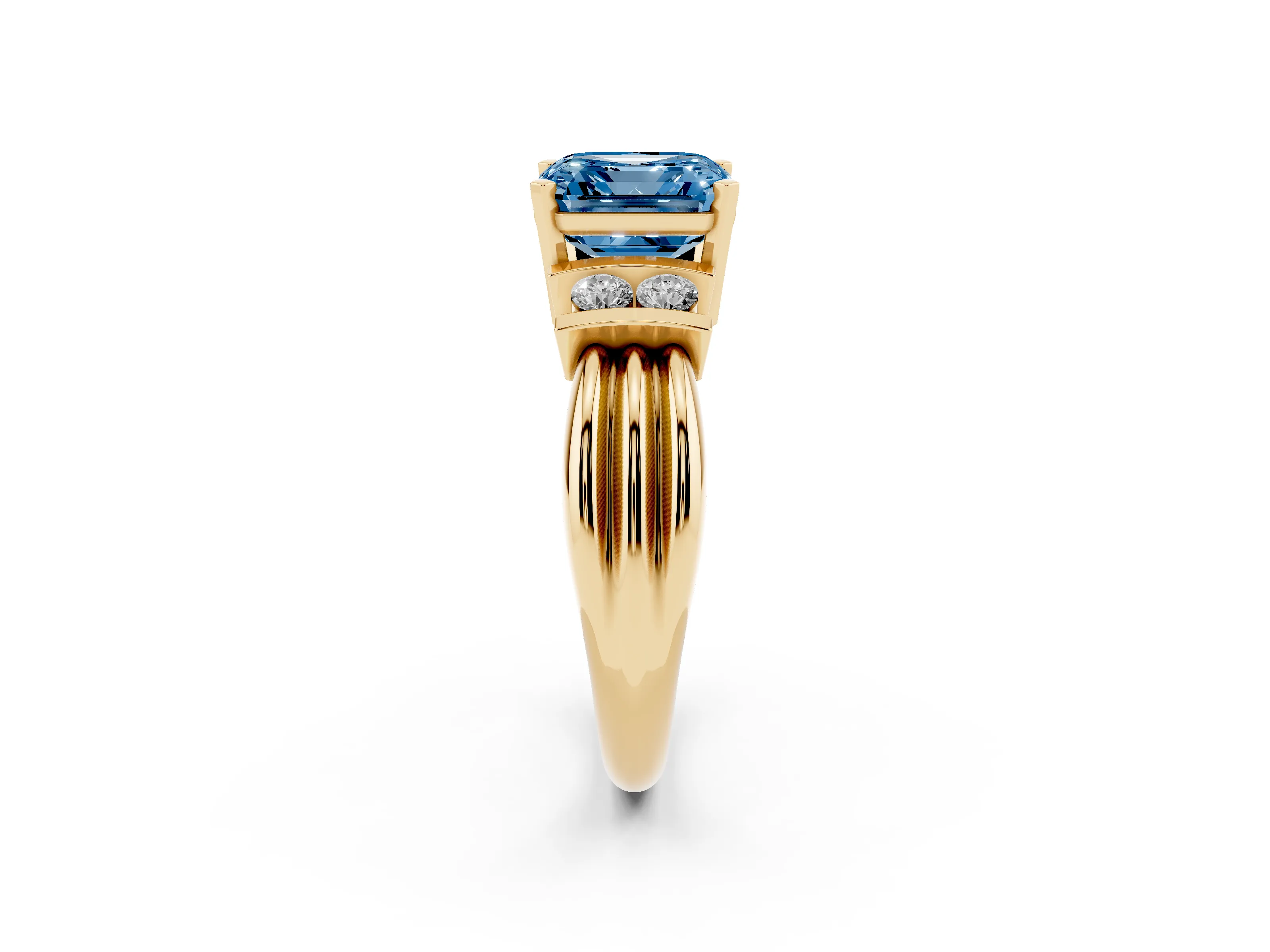 Fancy Blue Three-Stone Asscher Cut Diamond Channel Set Ring Set in Yellow gold with Bar Prongs