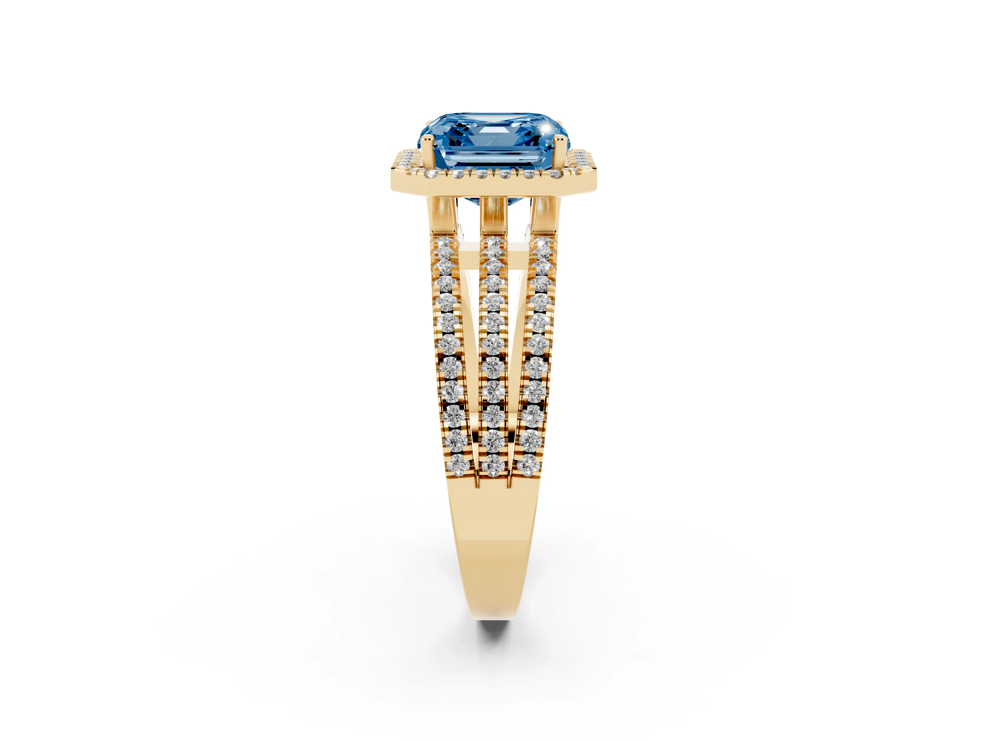 Fancy Blue Asscher Cut Diamond Halo Split Shank Engagement Ring Set in Yellow gold with Prong Setting