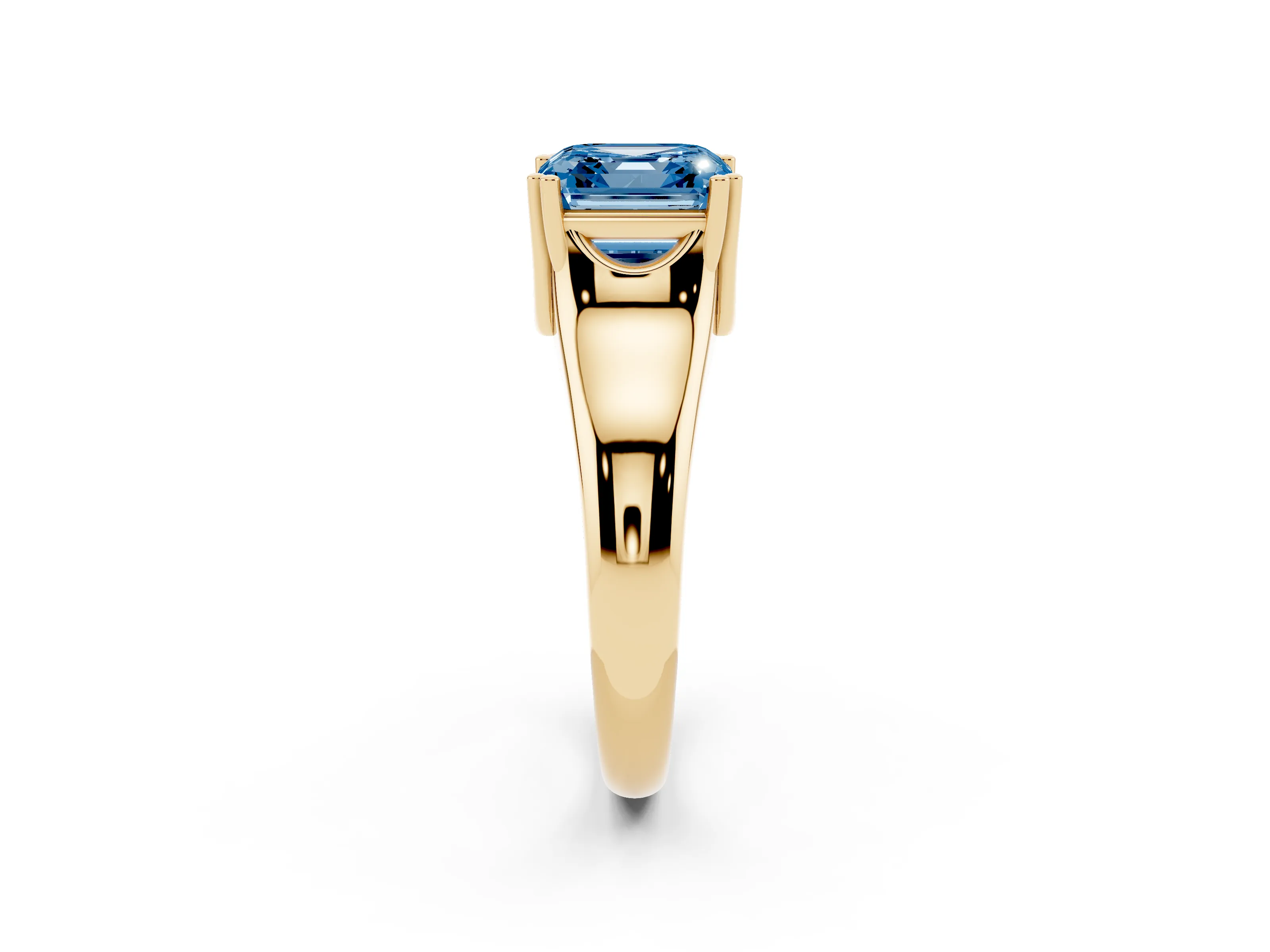 Fancy Blue Asscher Cut Diamond Solitaire Ring Set in Yellow gold with Wide Band and Prong Setting