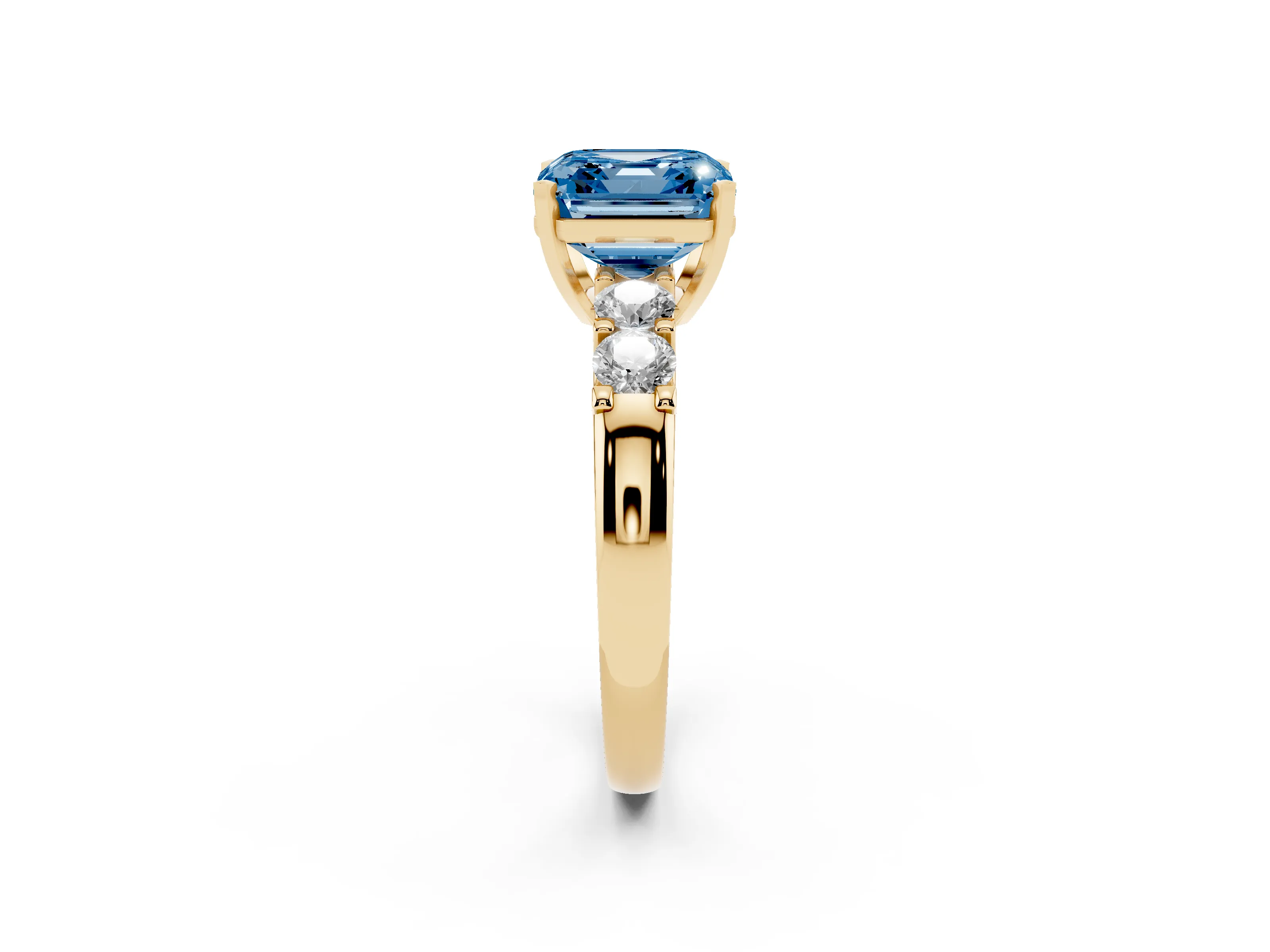 Fancy Blue Asscher Cut Diamond Five-Stone Prong Set Engagement Ring Set in Yellow gold with Channel Band