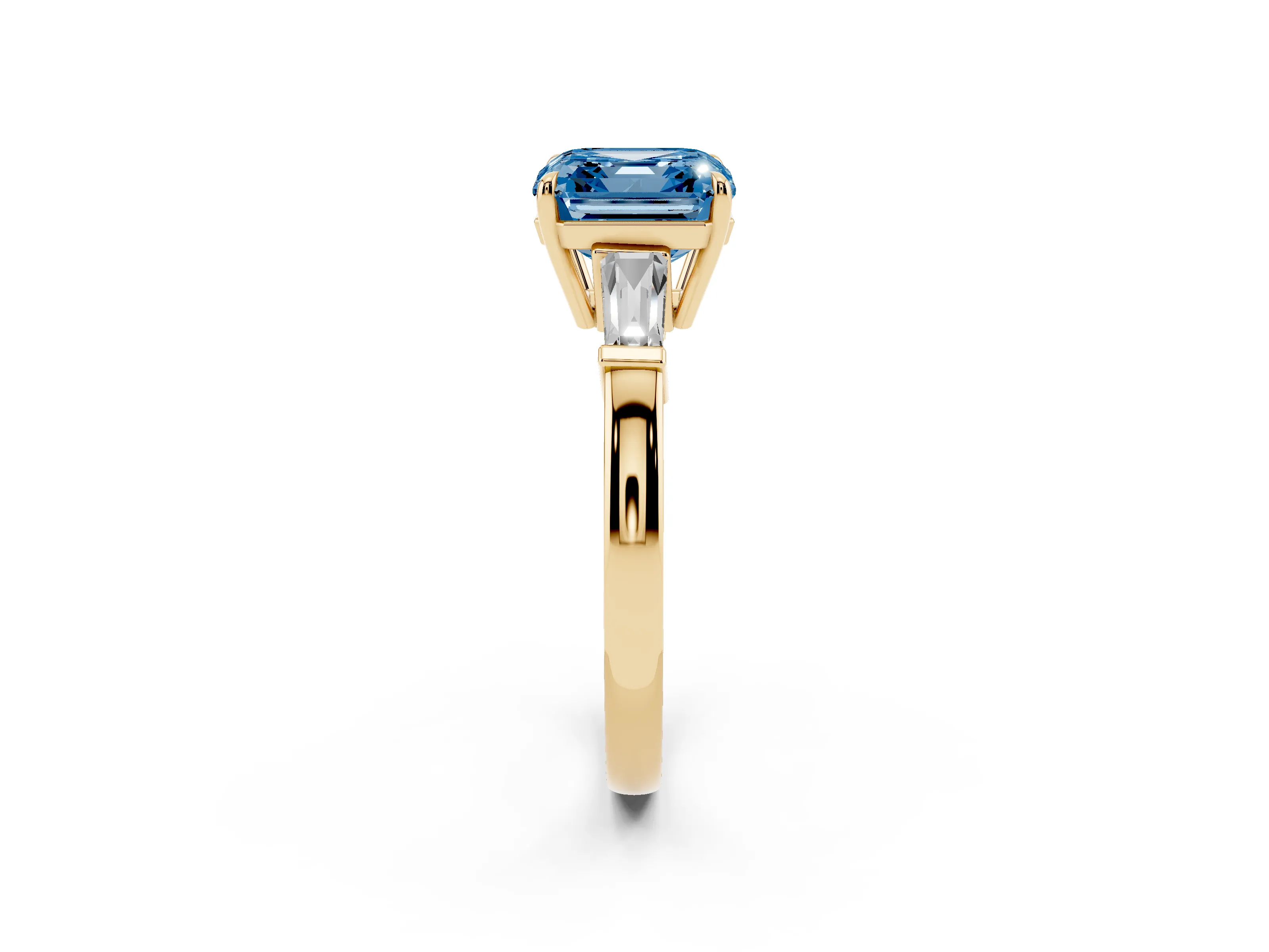 Fancy Blue Asscher Cut Diamond Three-Stone Ring Set in Yellow gold with Tapered Baguette Side Stones and Prong Setting