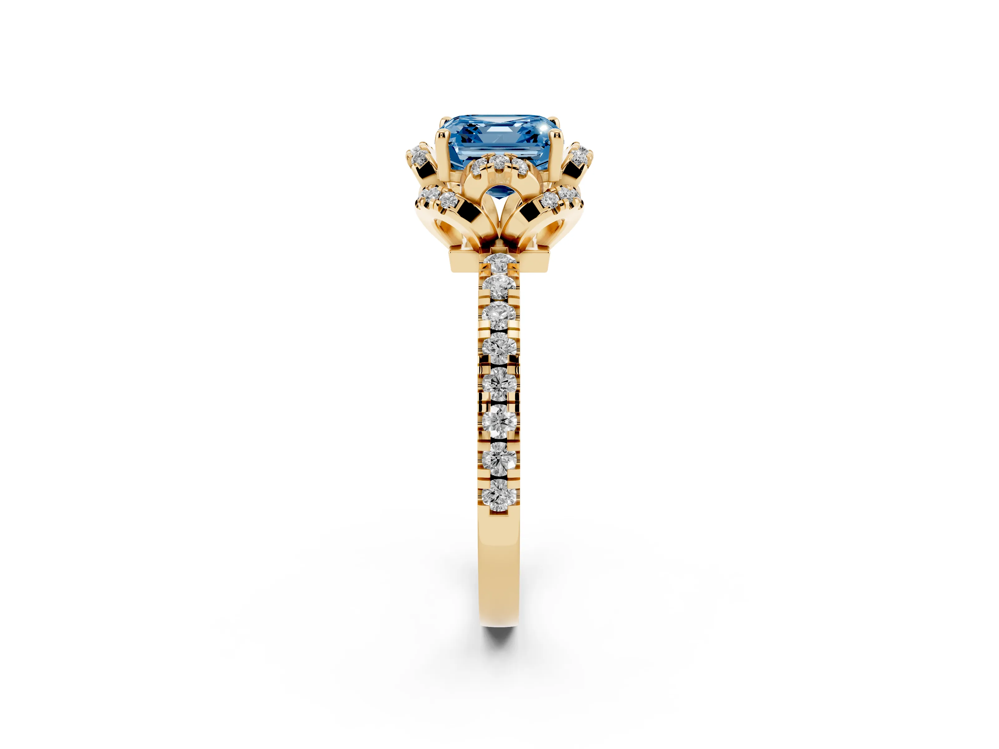 Fancy Blue Asscher Cut Diamond Halo Pavé Band Ring Set in Yellow gold with Prong-Held Center