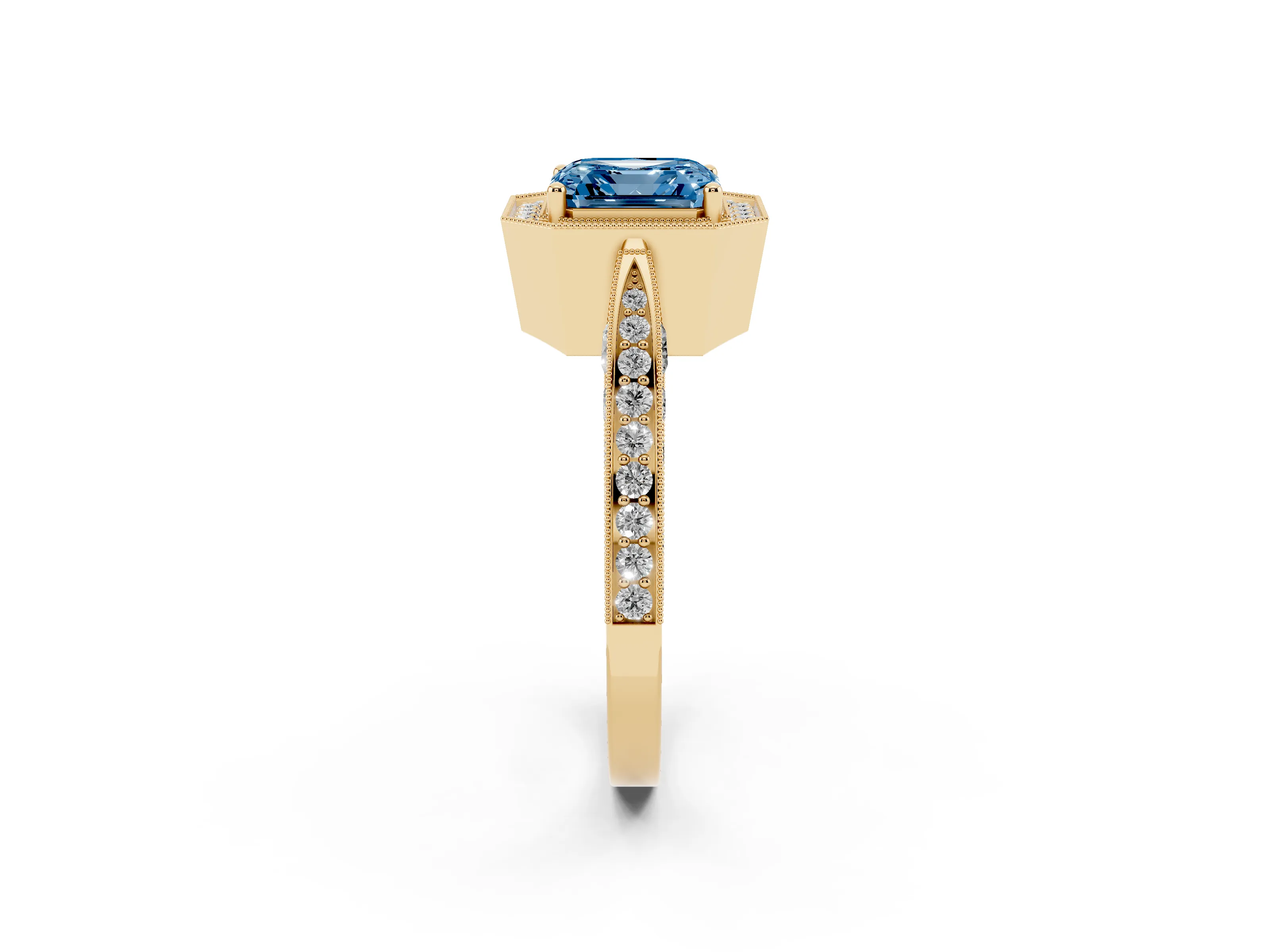 Fancy Blue Asscher Cut Diamond Halo Engagement Ring Set in Yellow gold with Accent Split Shank Band