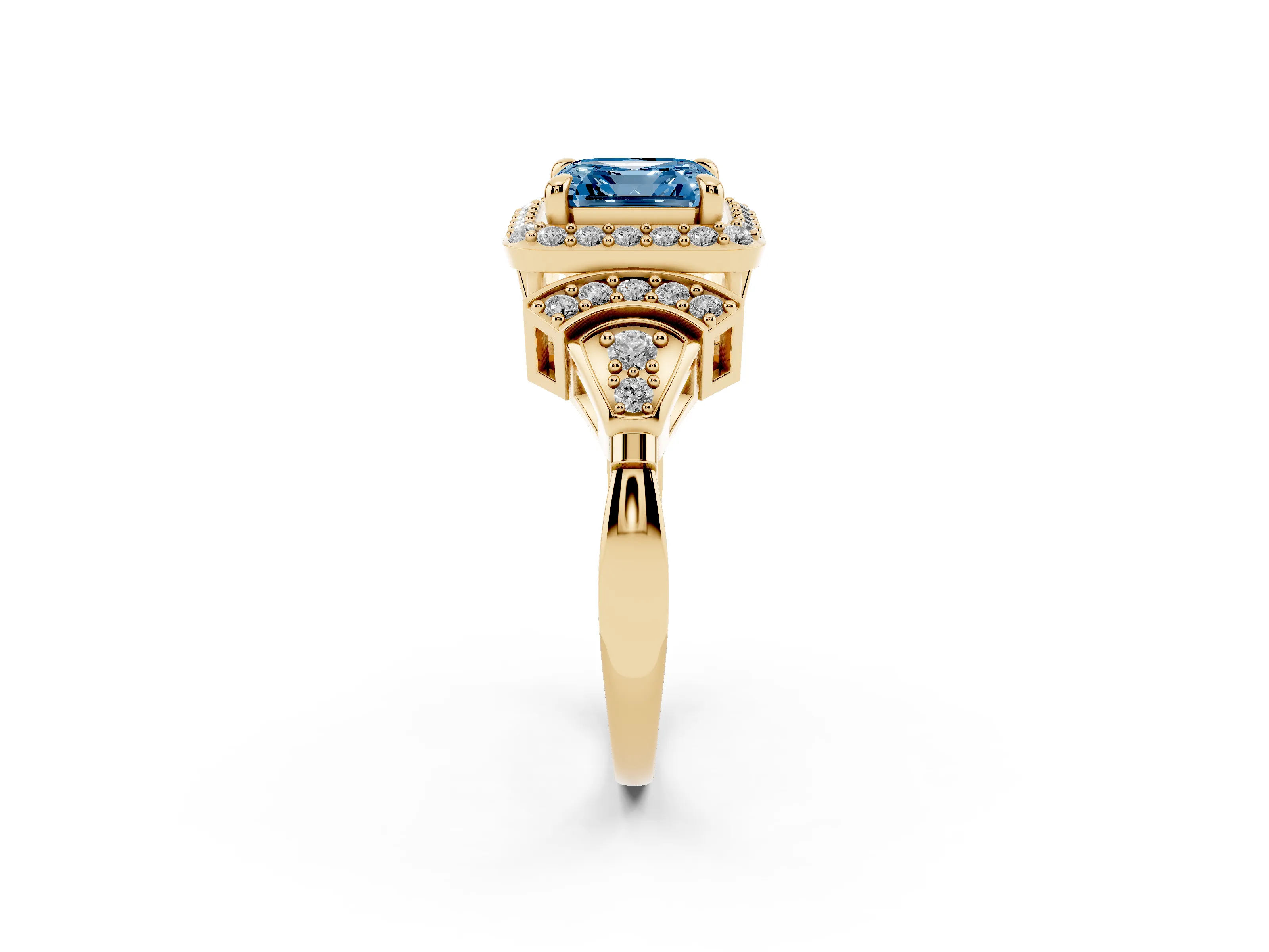 Fancy Blue Asscher Cut Diamond Halo Engagement Ring Set in Yellow gold with Accent Stone Split Shank