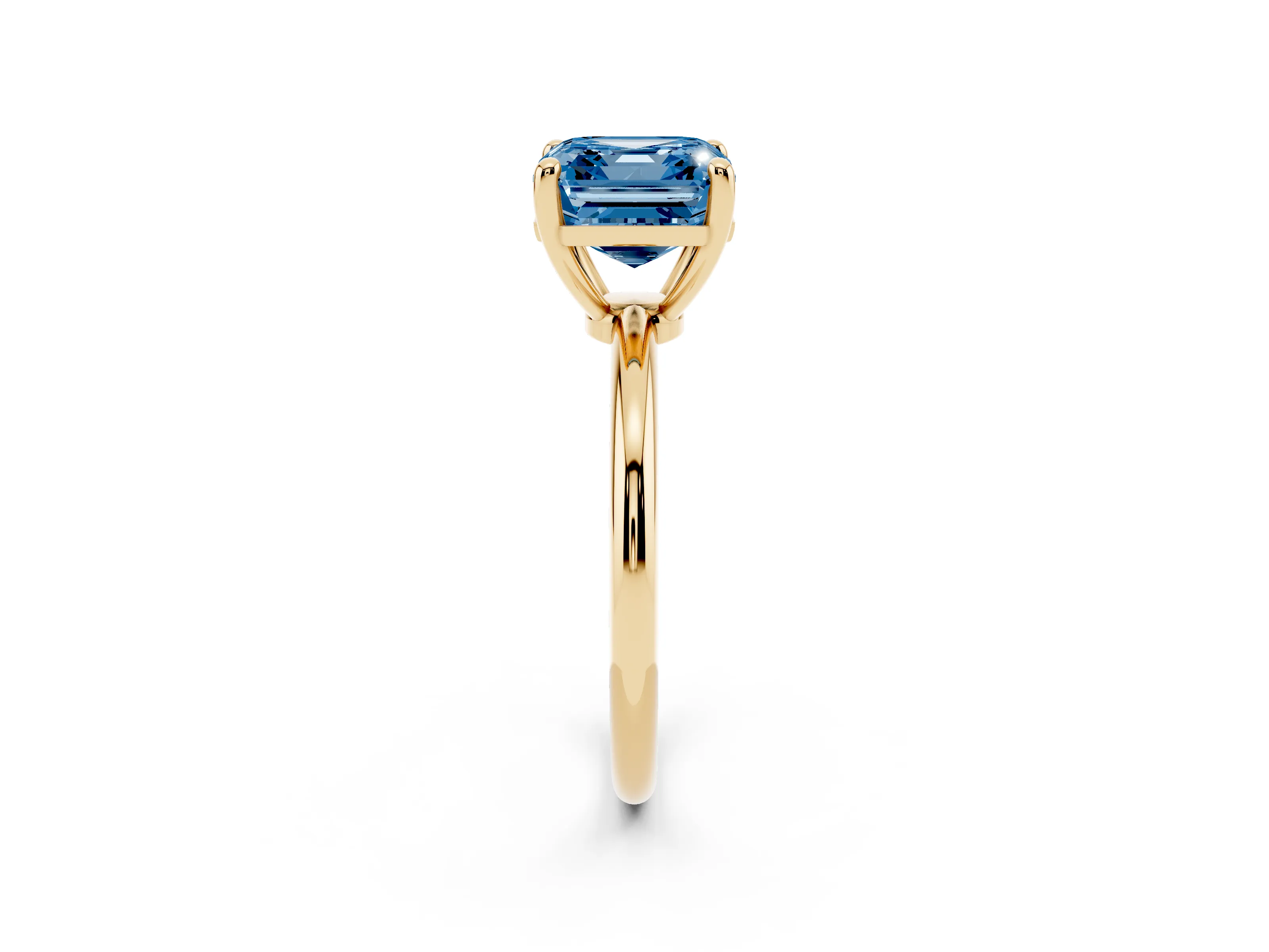 Fancy Blue Asscher Cut Diamond Solitaire Ring Set in Yellow gold with Secure Prong Setting on a Classic Band