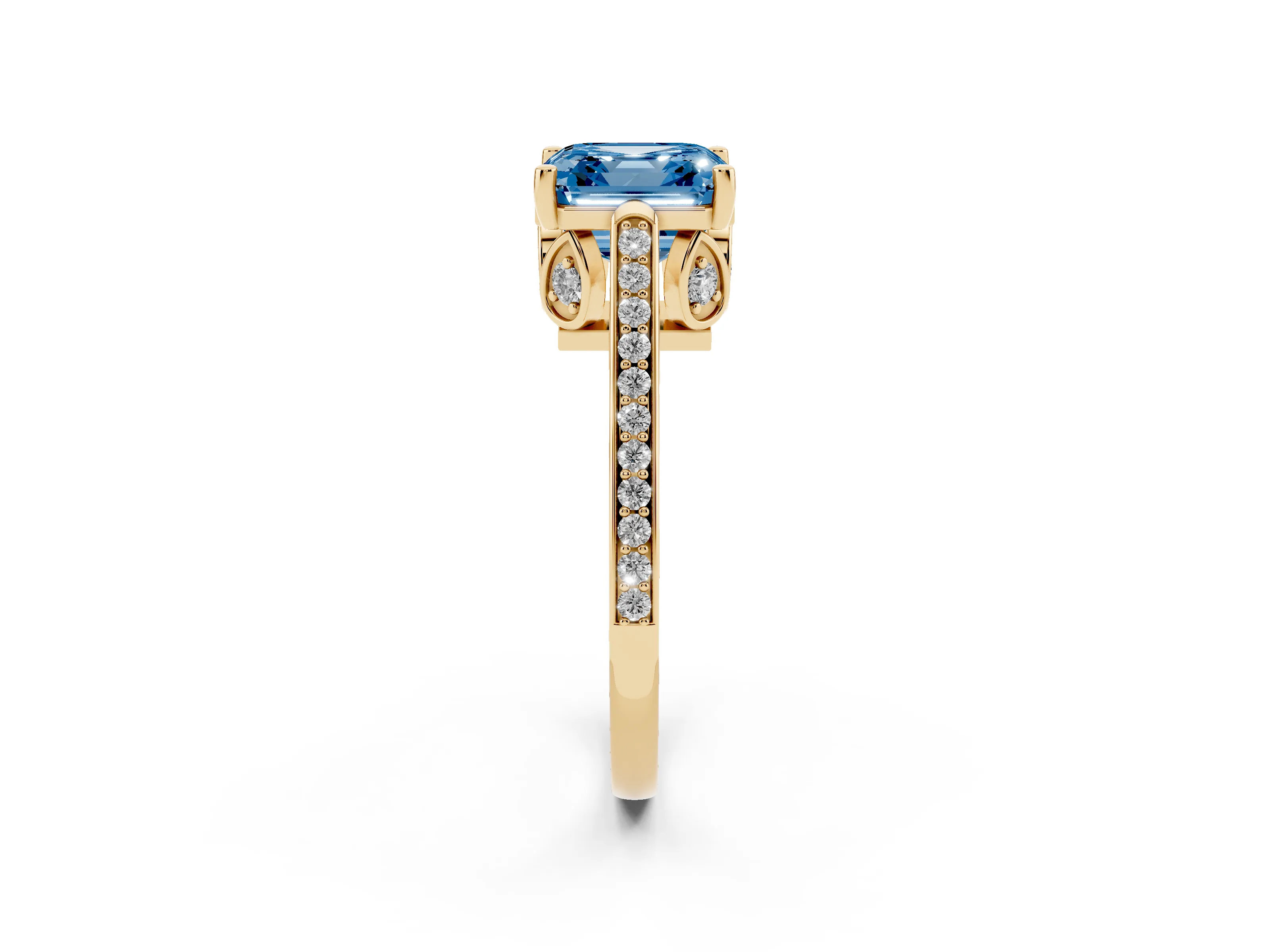 Fancy Blue Asscher Cut Diamond Cathedral Pavé Engagement Ring Set in Yellow gold with Prong Setting