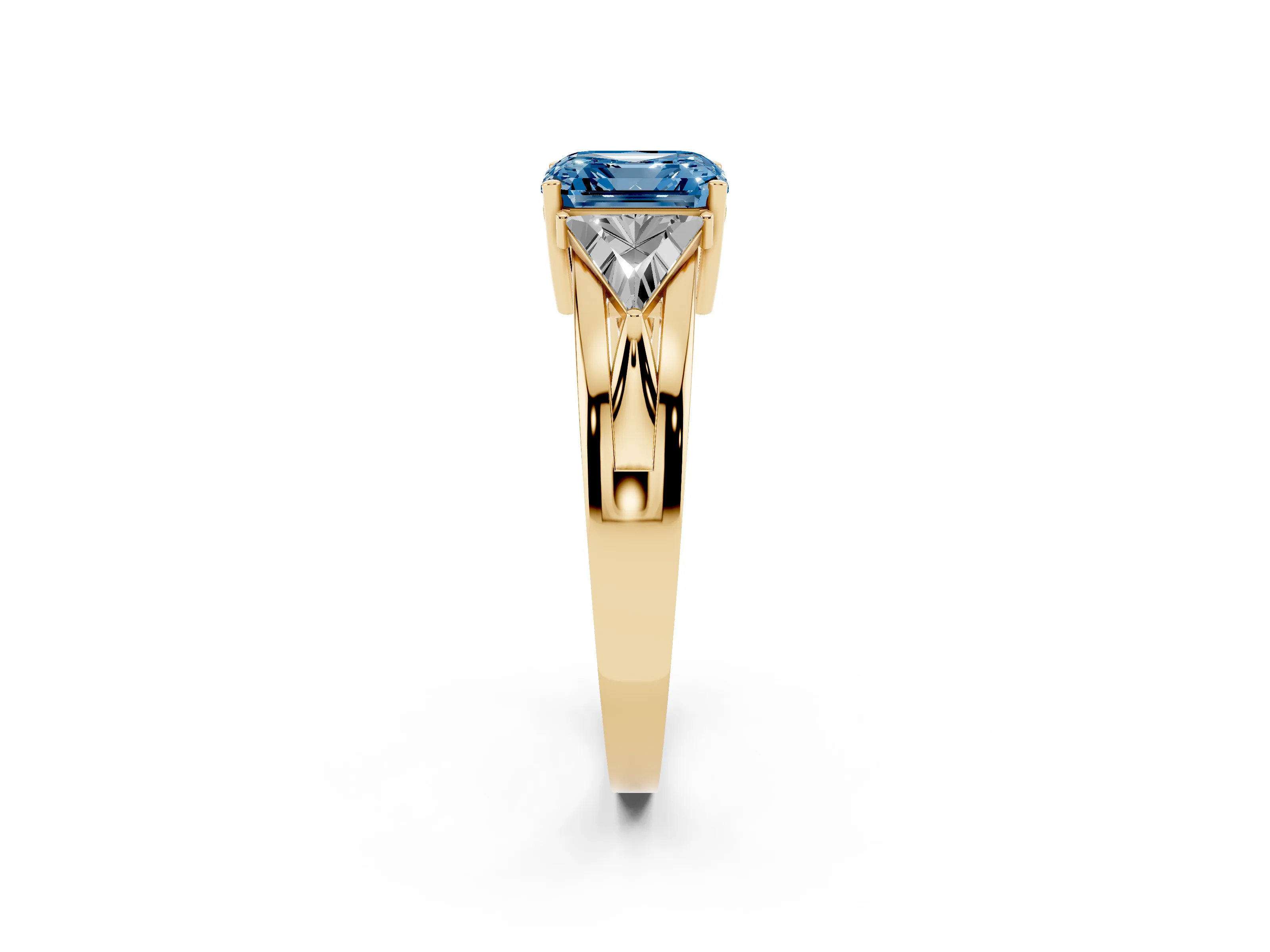 Fancy Blue Asscher Cut Diamond Three-Stone Ring Set in Yellow gold with Trillion Side Stones and Split Shank