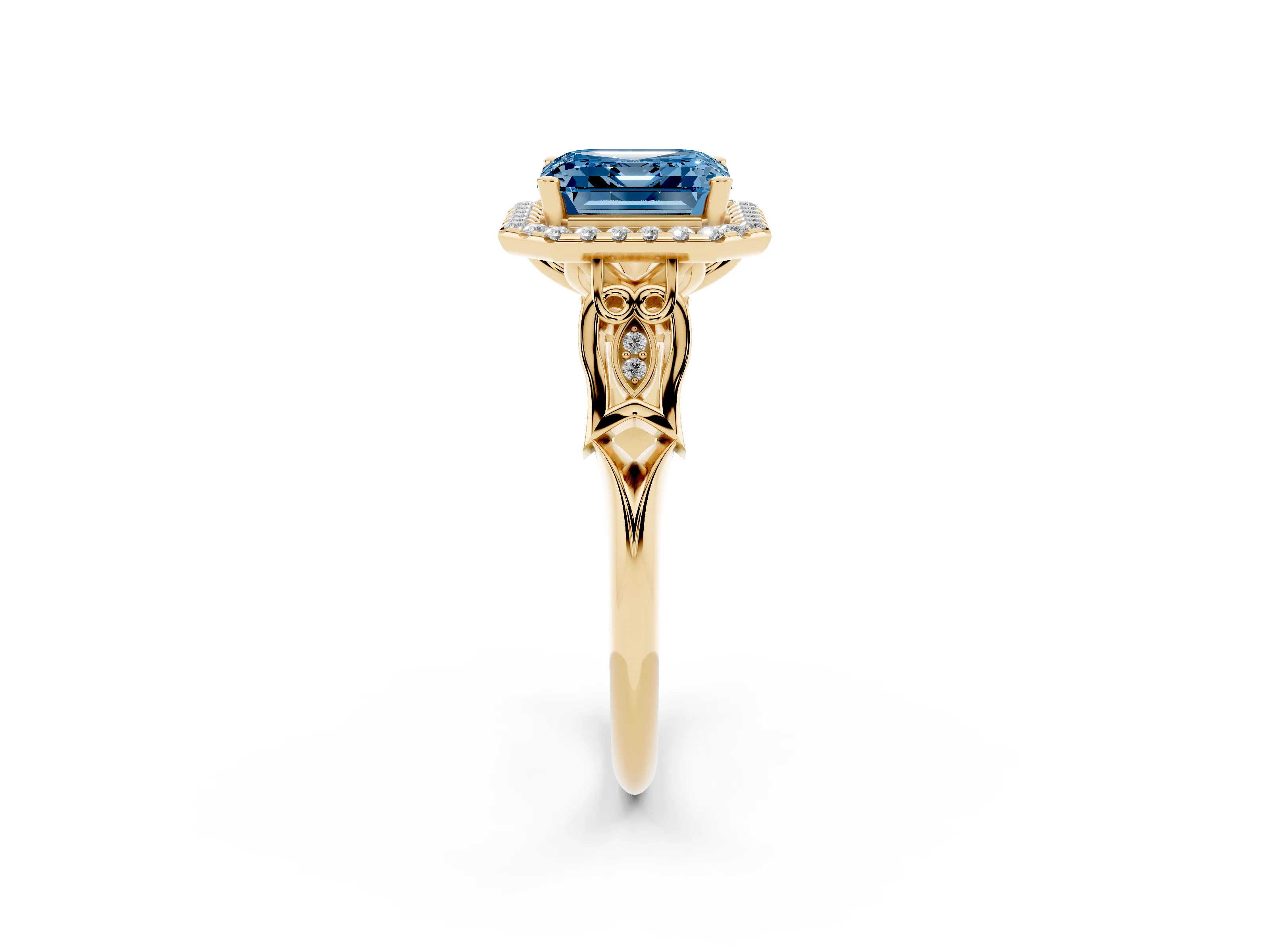 Fancy Blue Asscher Cut Diamond Halo Engagement Ring Set in Yellow gold with Filigree Band and Prong-Set Center