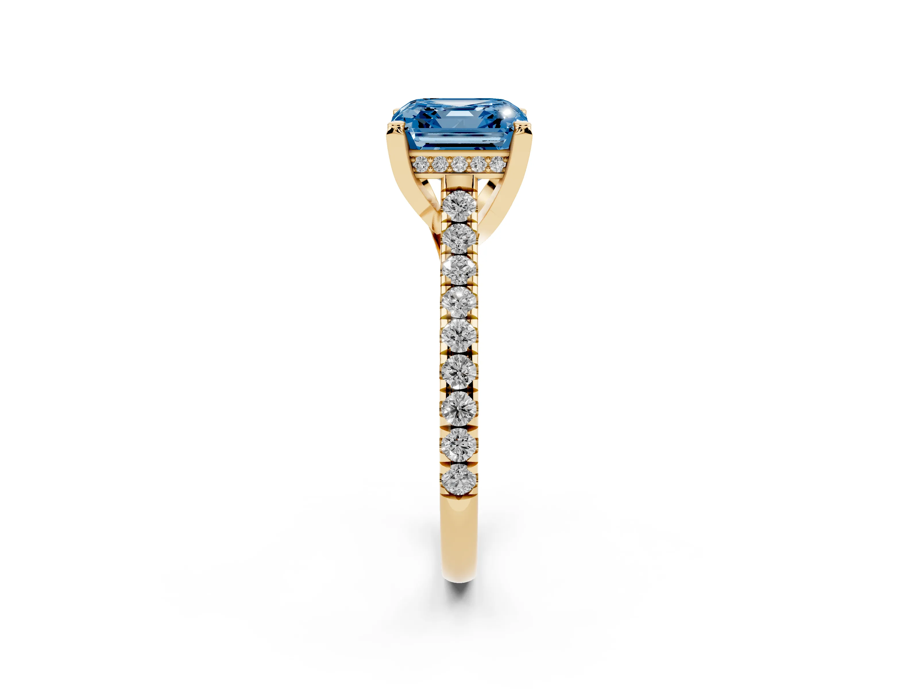 Fancy Blue Asscher Cut Diamond Solitaire Ring Set in Yellow gold with Brilliant Pavé Band and Prong Setting