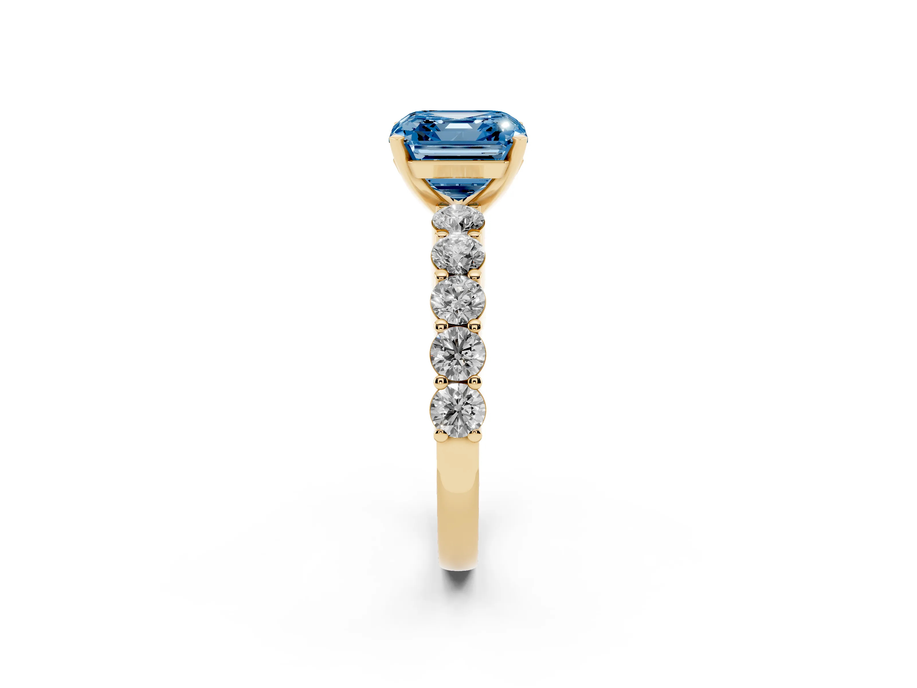 Fancy Blue Asscher Cut Diamond Solitaire Ring Set in Yellow gold with Shared Prong Round Side Stones