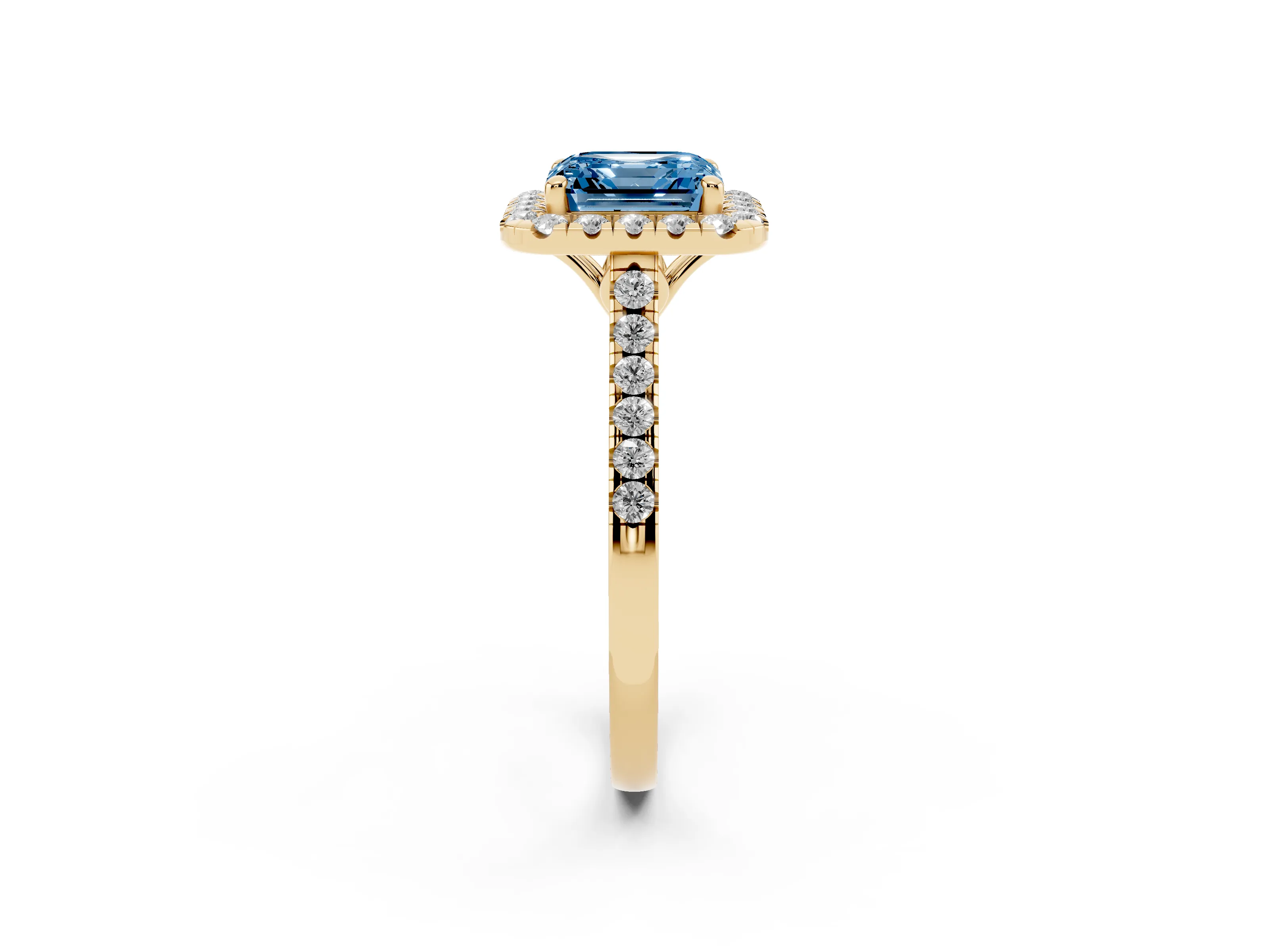 Fancy Blue Asscher Cut Diamond Pavé Halo Engagement Ring Set in Yellow gold with Pavé Band and Prong Setting