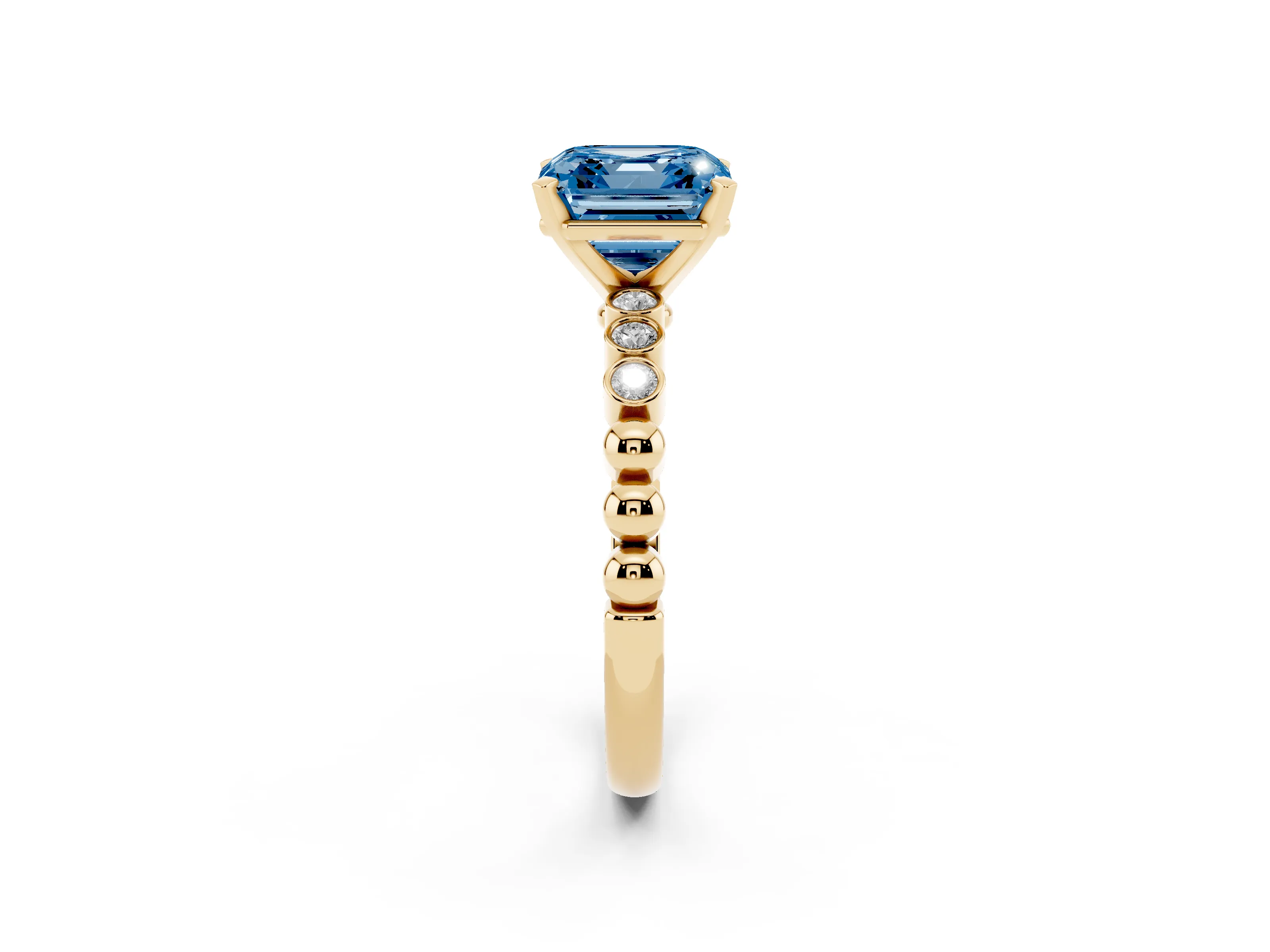 Fancy Blue Asscher Cut Diamond Solitaire Engagement Ring Set in Yellow gold with Bezel Accents on Beaded Band