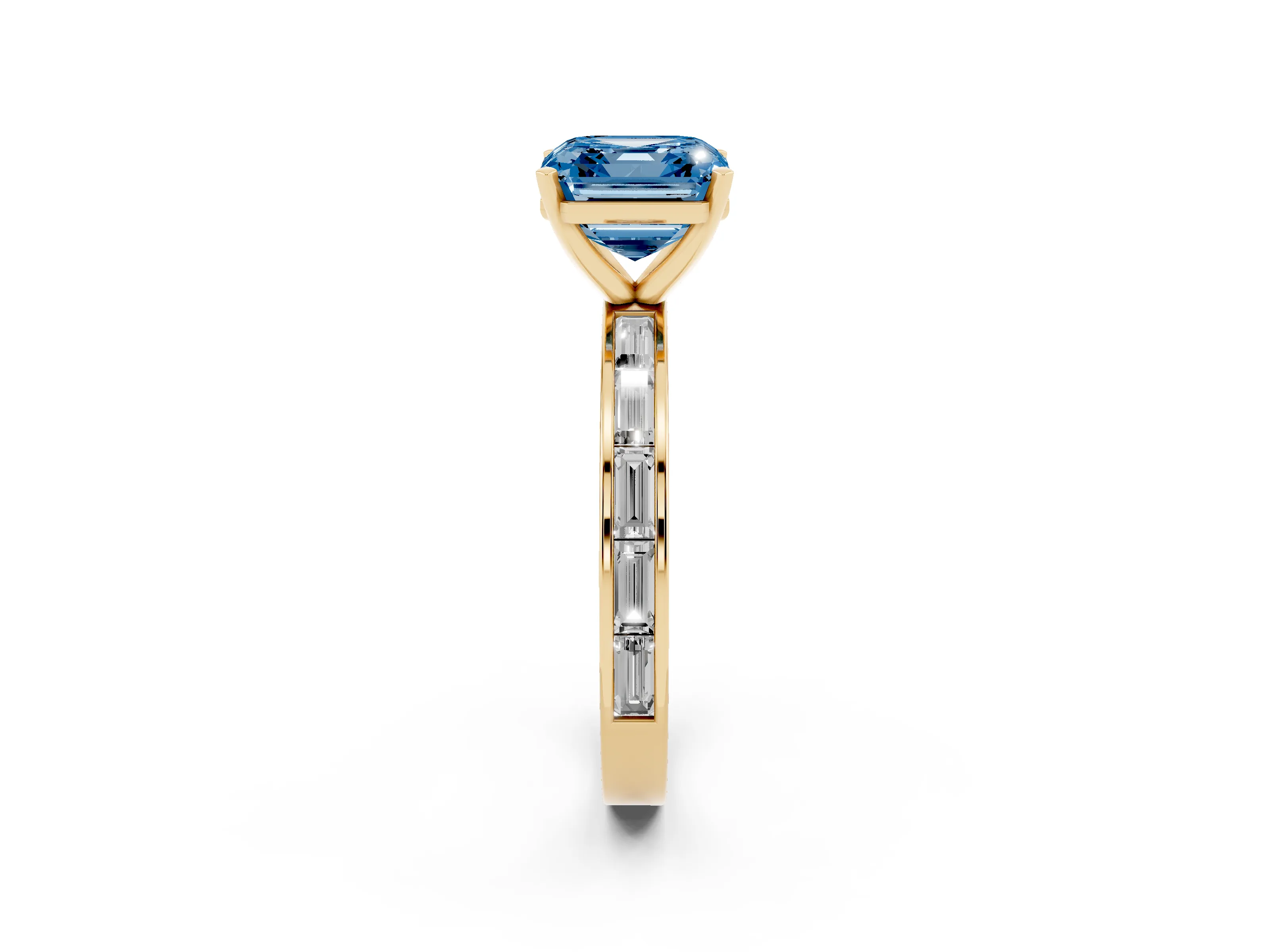 Fancy Blue Asscher Cut Diamond Solitaire Ring Set in Yellow gold with Channel-Set Baguette Band and Prong Setting