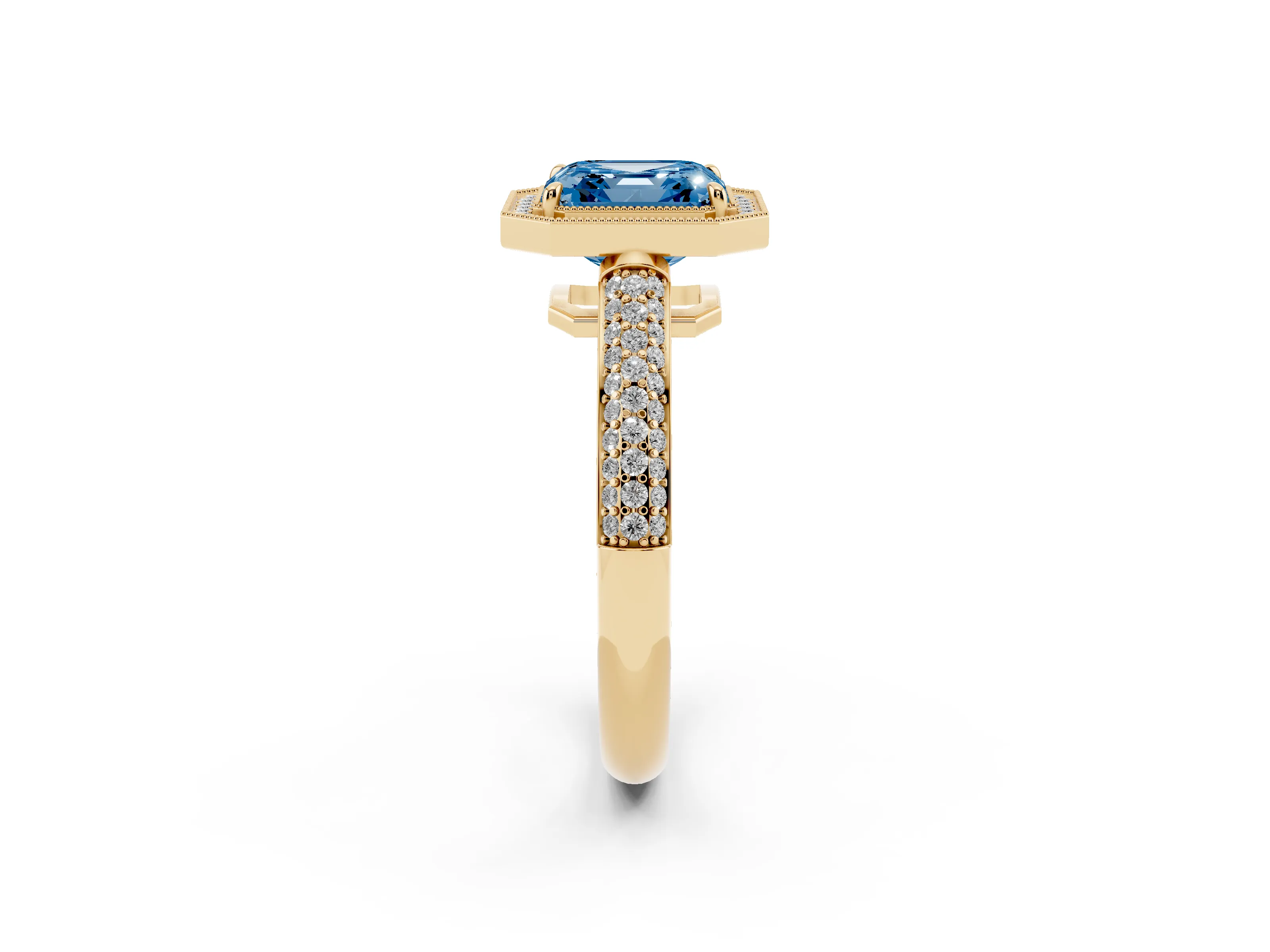 Fancy Blue Asscher Cut Diamond Halo Pavé Band Set in Yellow gold with Prong Setting