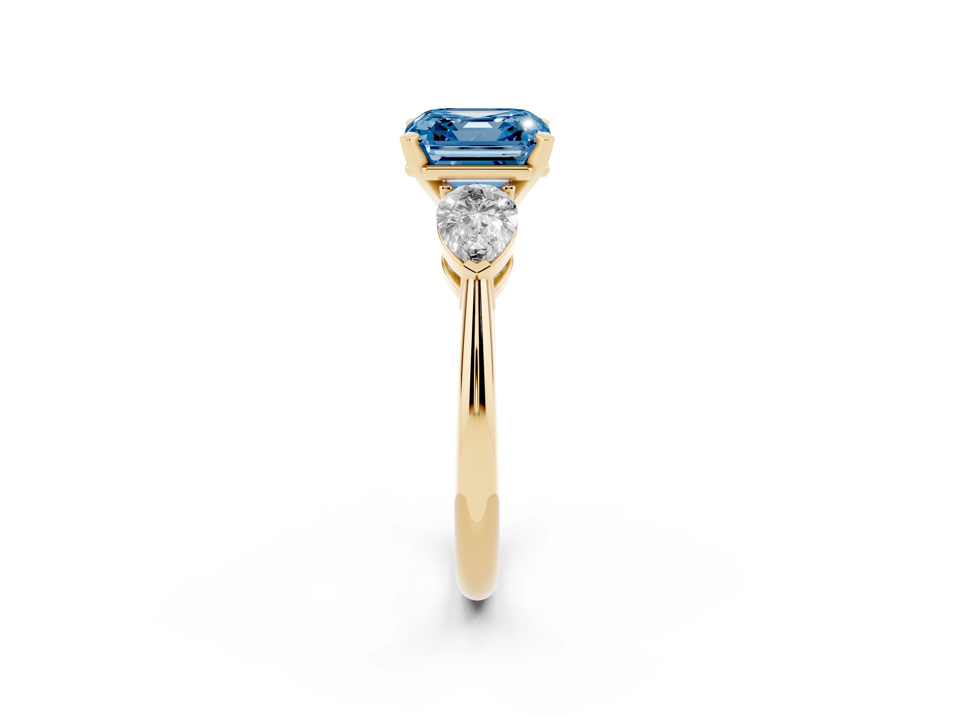 Fancy Blue Three-Stone Asscher Cut Diamond Ring Set in Yellow gold with Pear Side Stones and Prong Setting