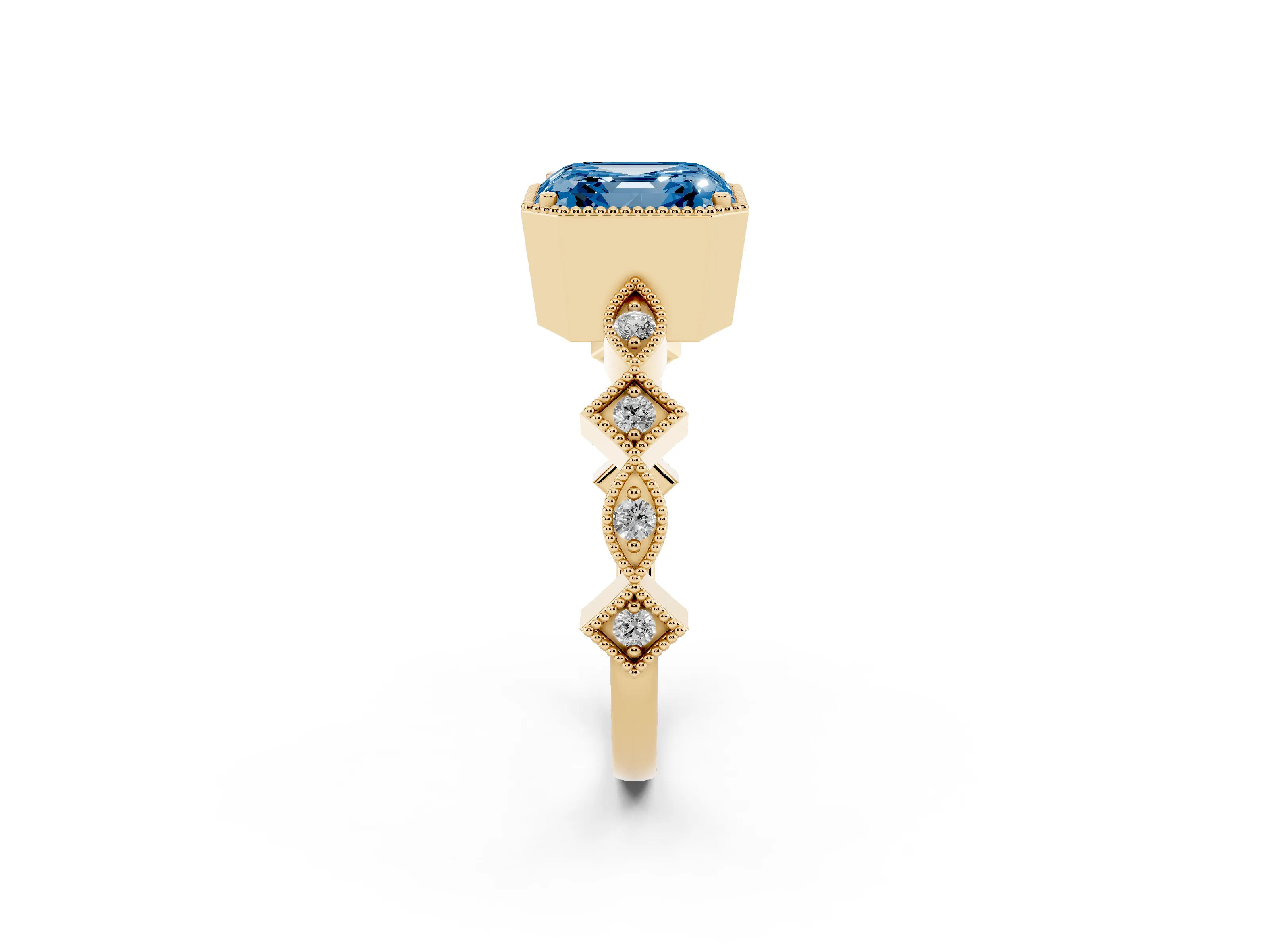 Fancy Blue Asscher Cut Diamond Milgrain Marquise Twist Band Ring Set in Yellow gold with Prong Setting