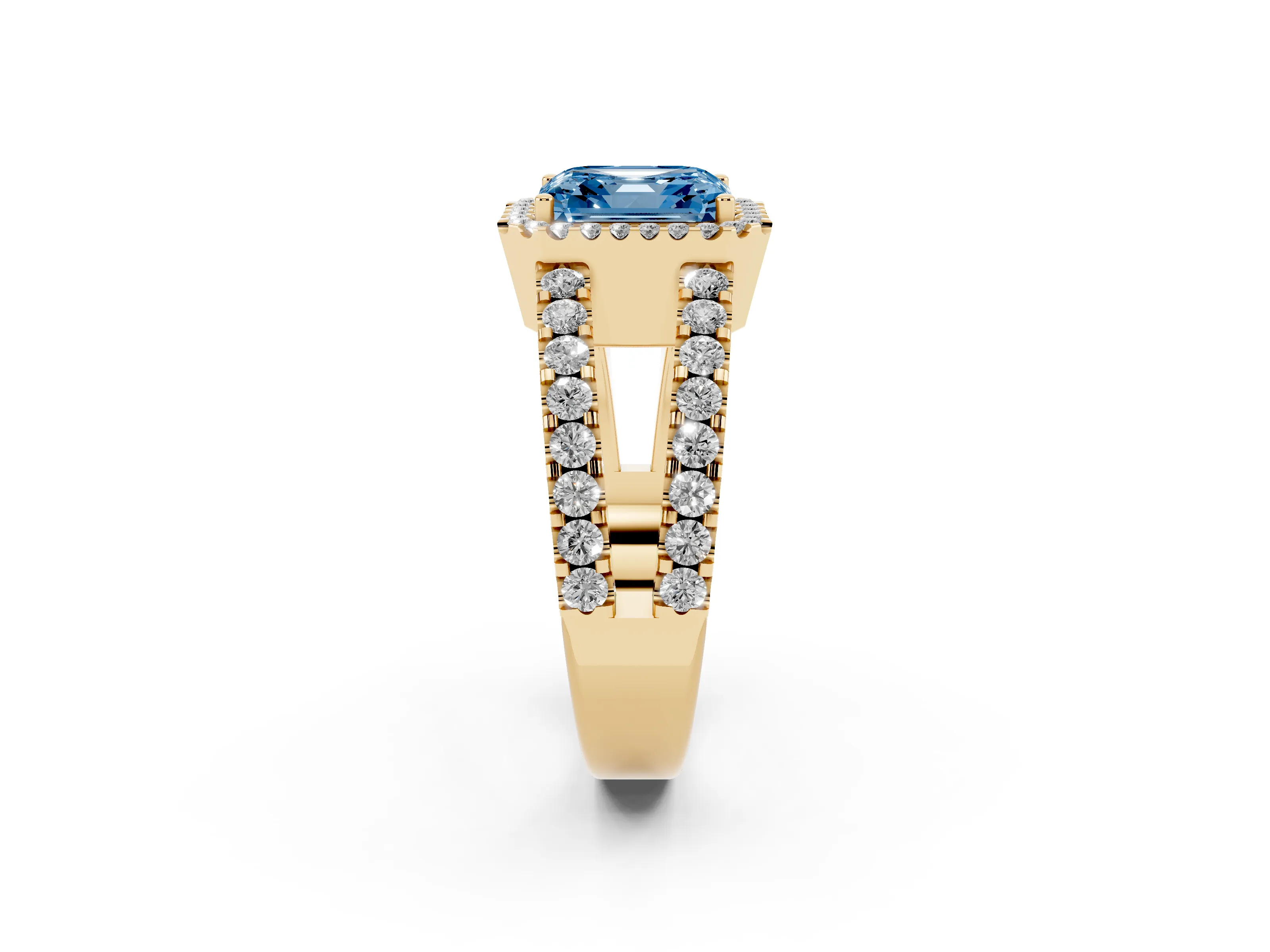 Fancy Blue Asscher Cut Diamond Halo Ring Set in Yellow gold with Pavé Split Shank and Prong Setting