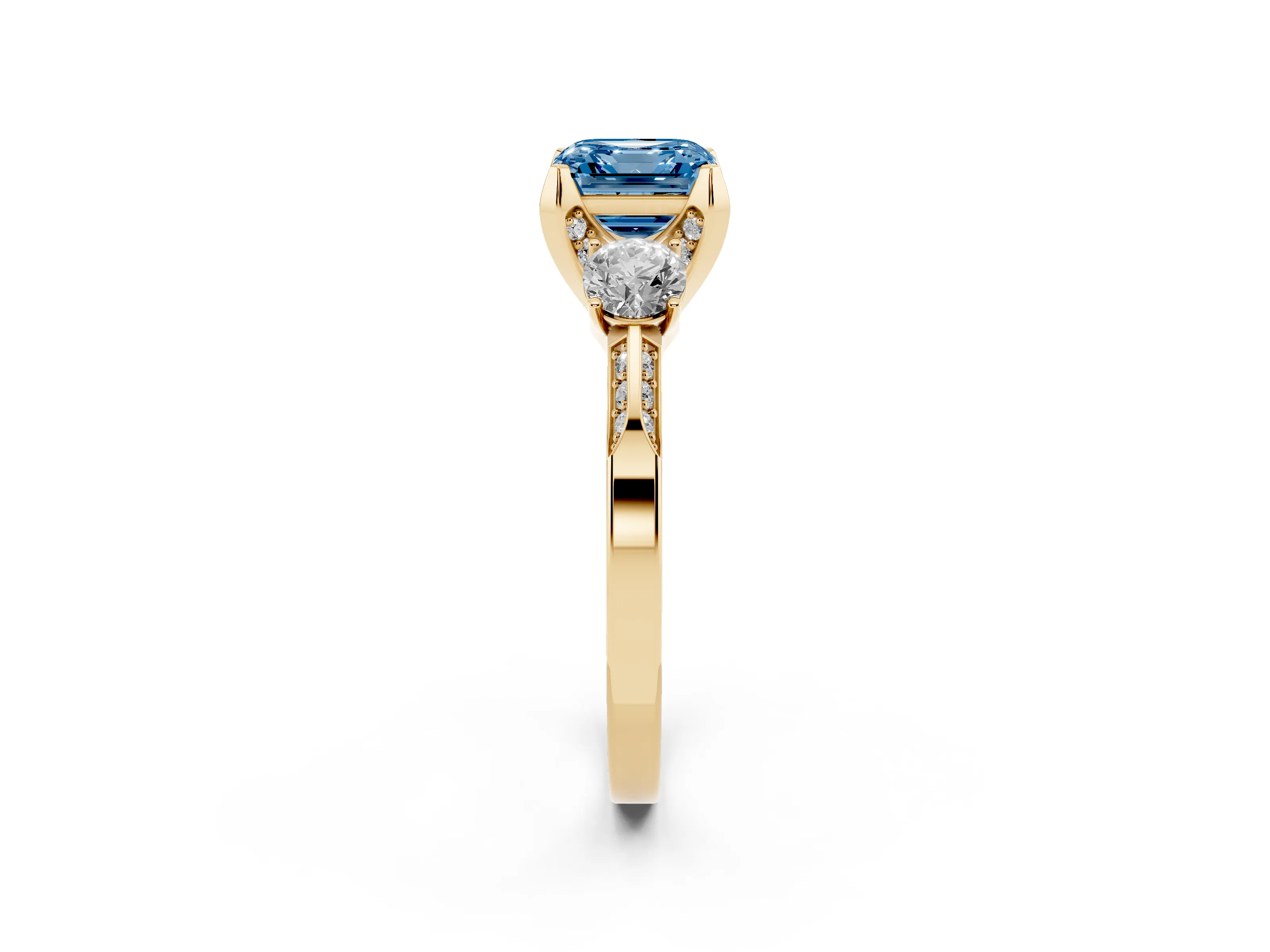 Fancy Blue Asscher Cut Diamond Three-Stone Ring Set in Yellow gold with Pavé Band and Smaller Side Stones