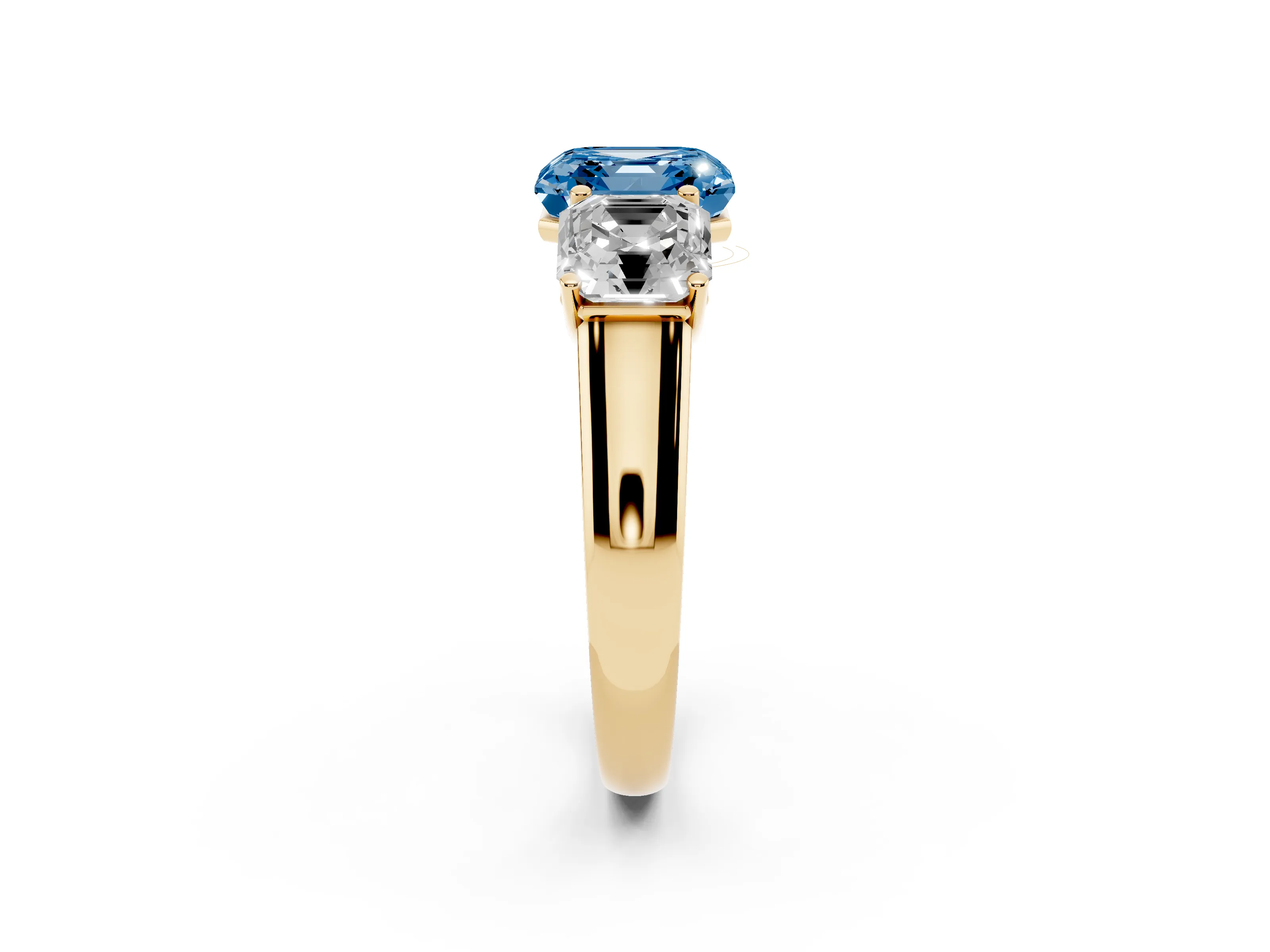 Fancy Blue Asscher Cut Diamond Three-Stone Ring Set in Yellow gold with Plain Polished Band