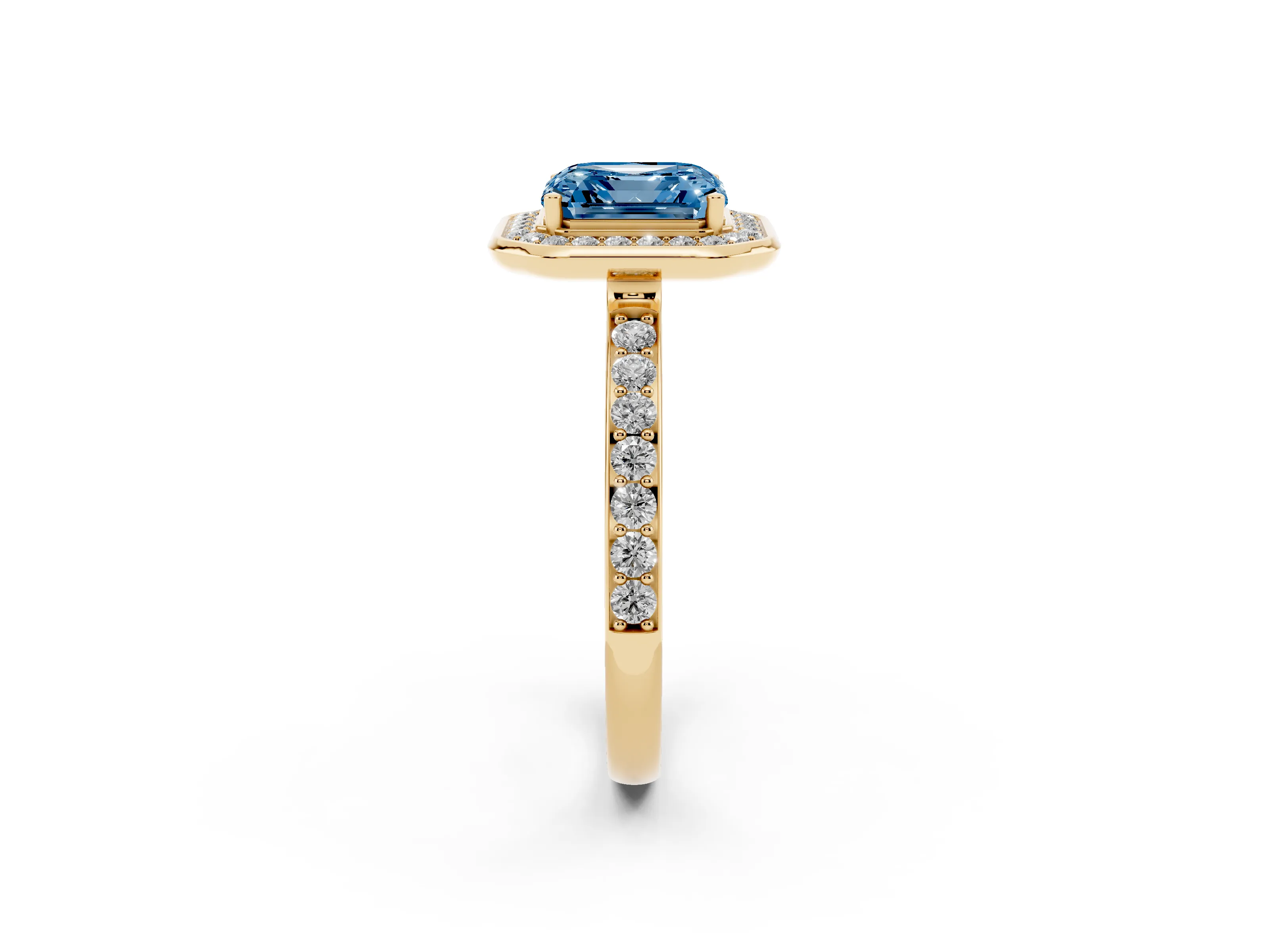 Fancy Blue Asscher Cut Diamond Halo Ring Set in Yellow gold with Bezel Frame and Pavé Band