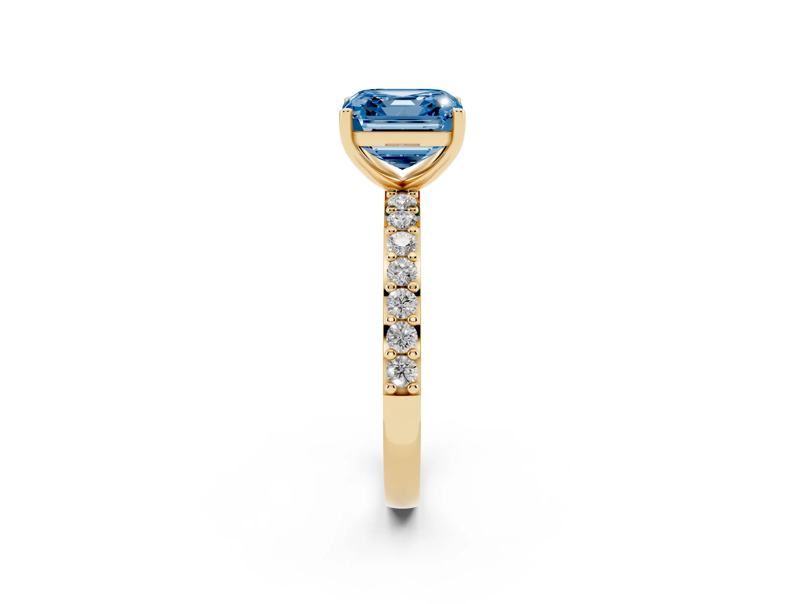 Fancy Blue Asscher Cut Diamond Solitaire Set in Yellow gold with Round Pavé Band and Prong Setting