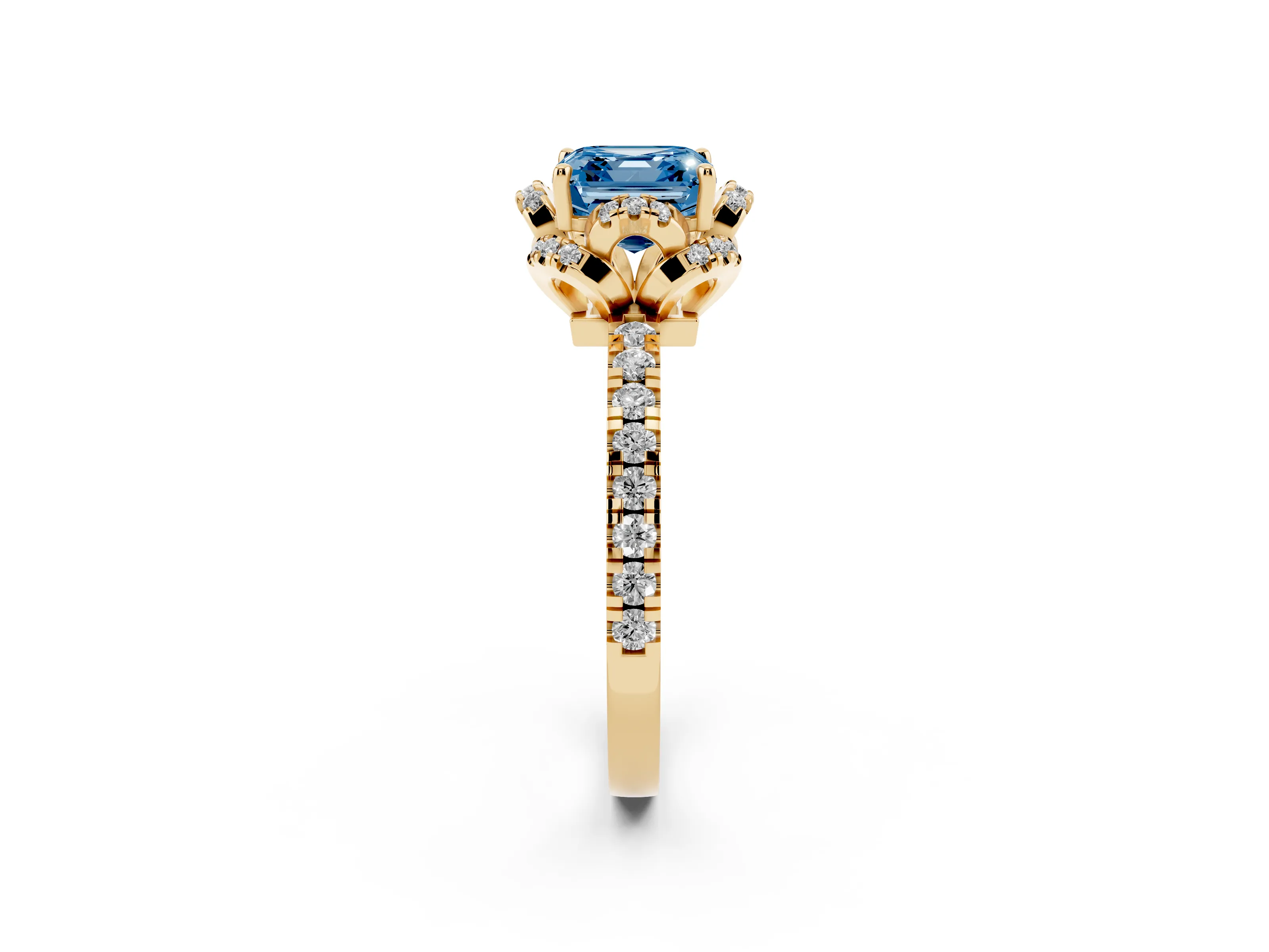 Fancy Blue Asscher Cut Diamond Halo Pavé Ring Set in Yellow gold with Prong-Held Center Stone