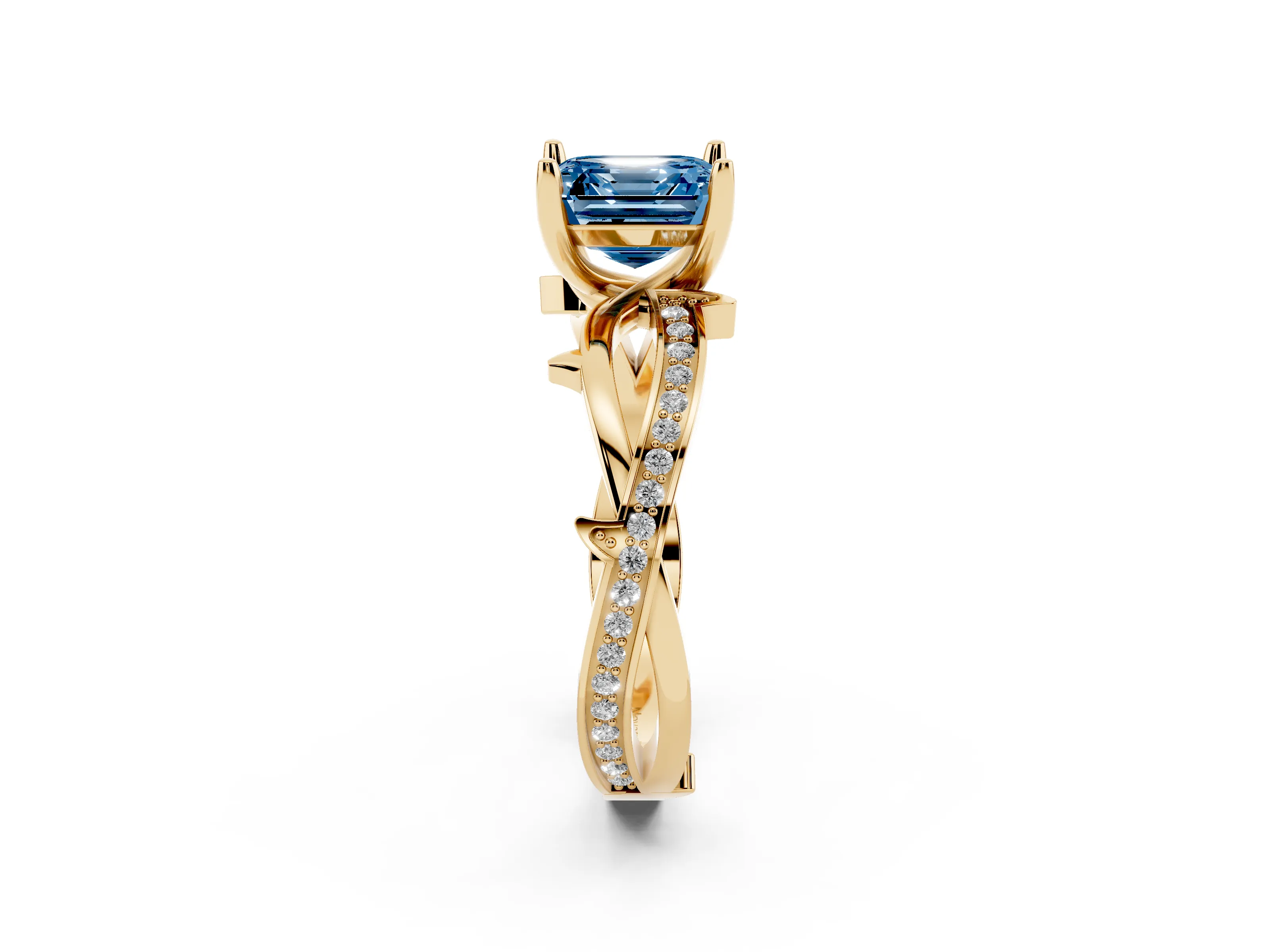 Fancy Blue Asscher Cut Diamond Pavé Twist Band Solitaire Ring Set in Yellow gold with Prong Setting