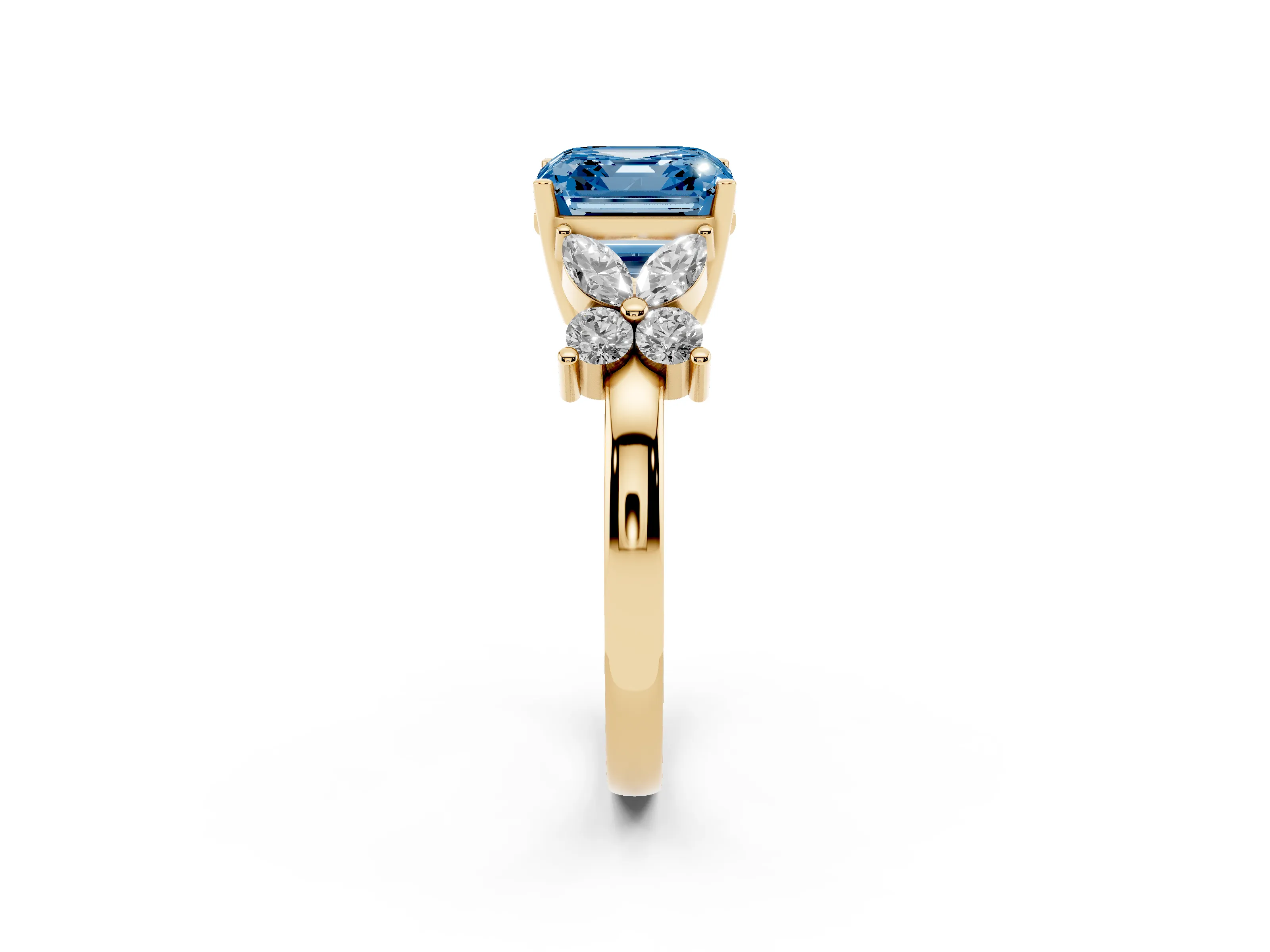 Fancy Blue Asscher Cut Diamond Floral Cluster Ring Set in Yellow gold with Marquise Petals and Prong Setting