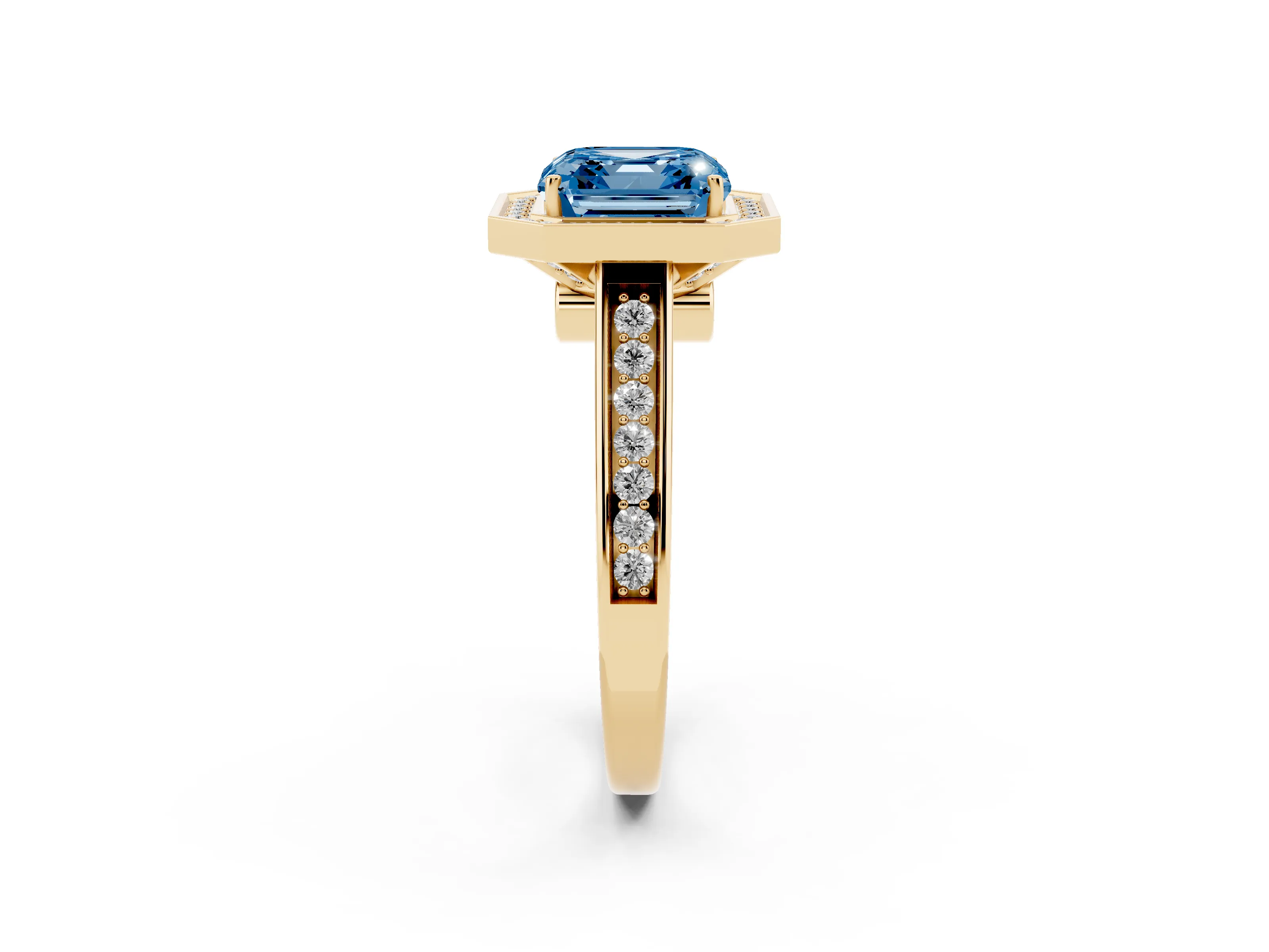 Fancy Blue Asscher Cut Diamond Halo Solitaire Ring Set in Yellow gold with Pavé Band and Bezel Setting