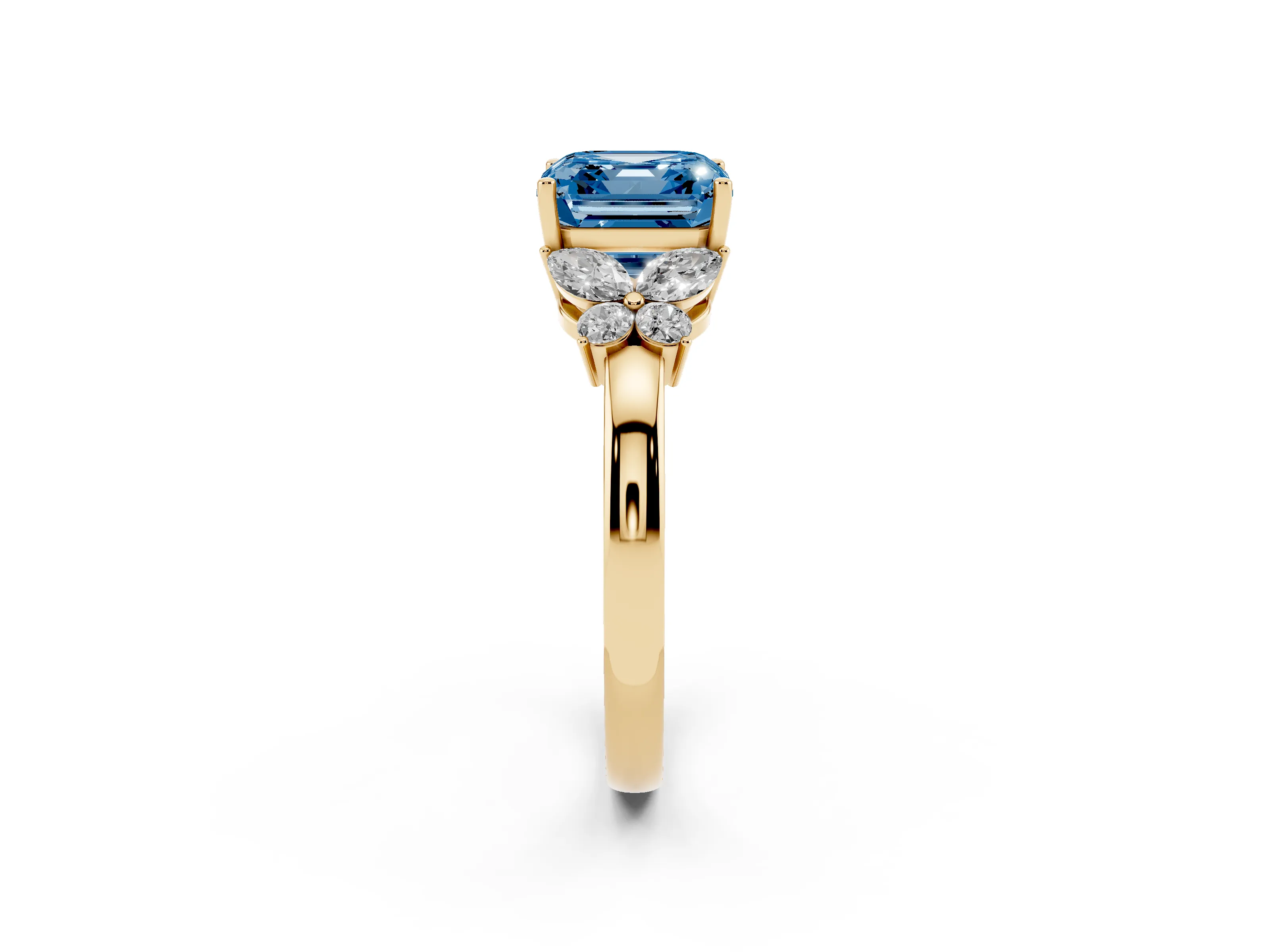Fancy Blue Asscher Cut Diamond Solitaire Floral Ring Set in Yellow gold with Marquise Petals and Prong Setting