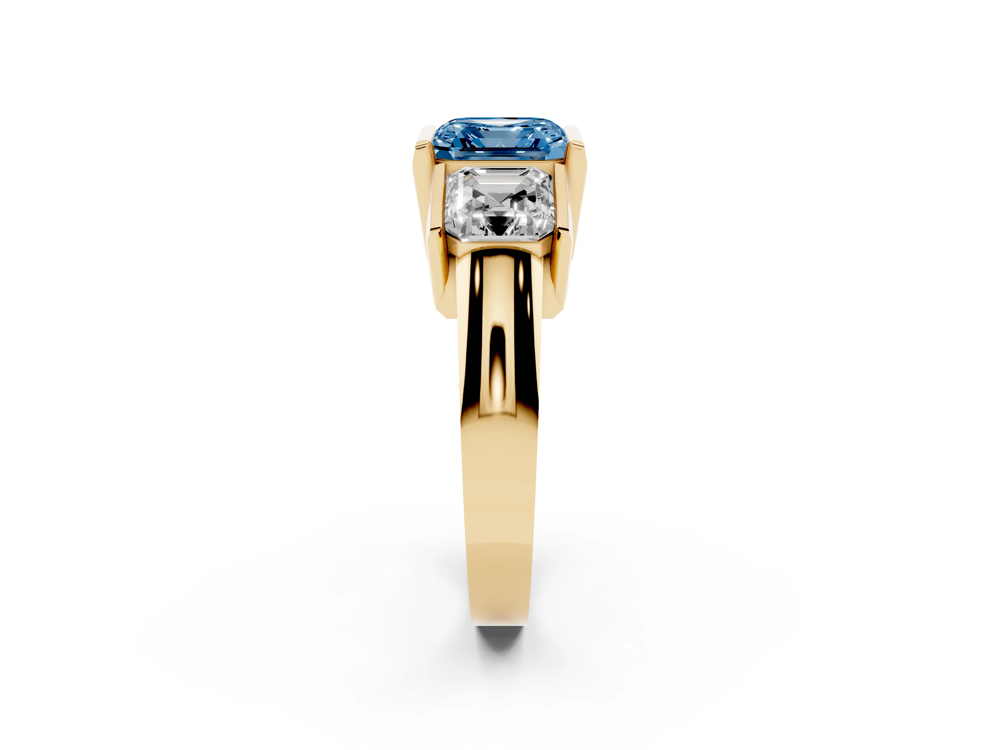 Fancy Blue Asscher Cut Diamond Three-Stone Channel Set Ring Set in Yellow gold with Smooth Polished Band