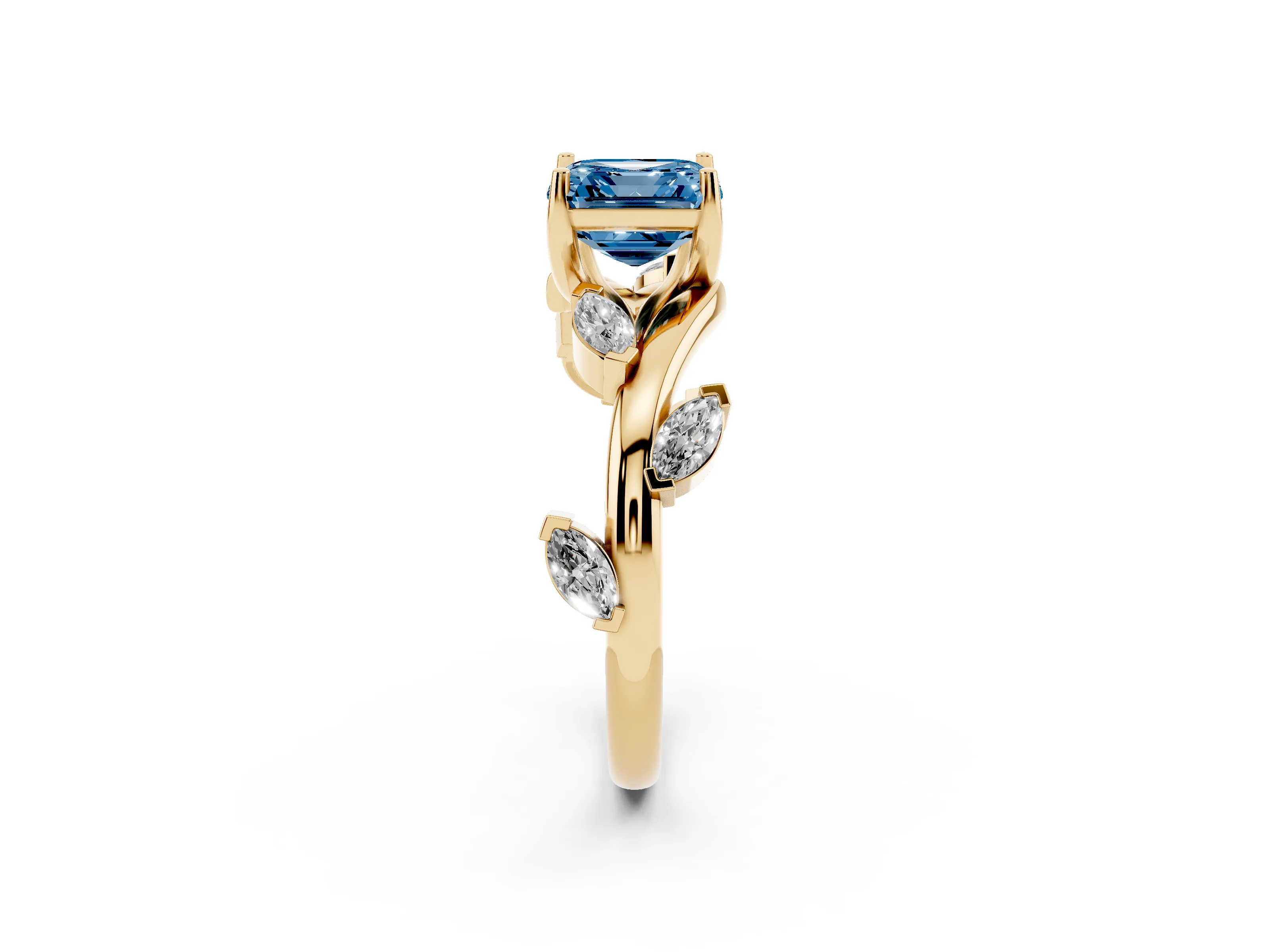 Fancy Blue Asscher Cut Diamond Solitaire Ring Set in Yellow gold with Twisted Marquise Accent Band