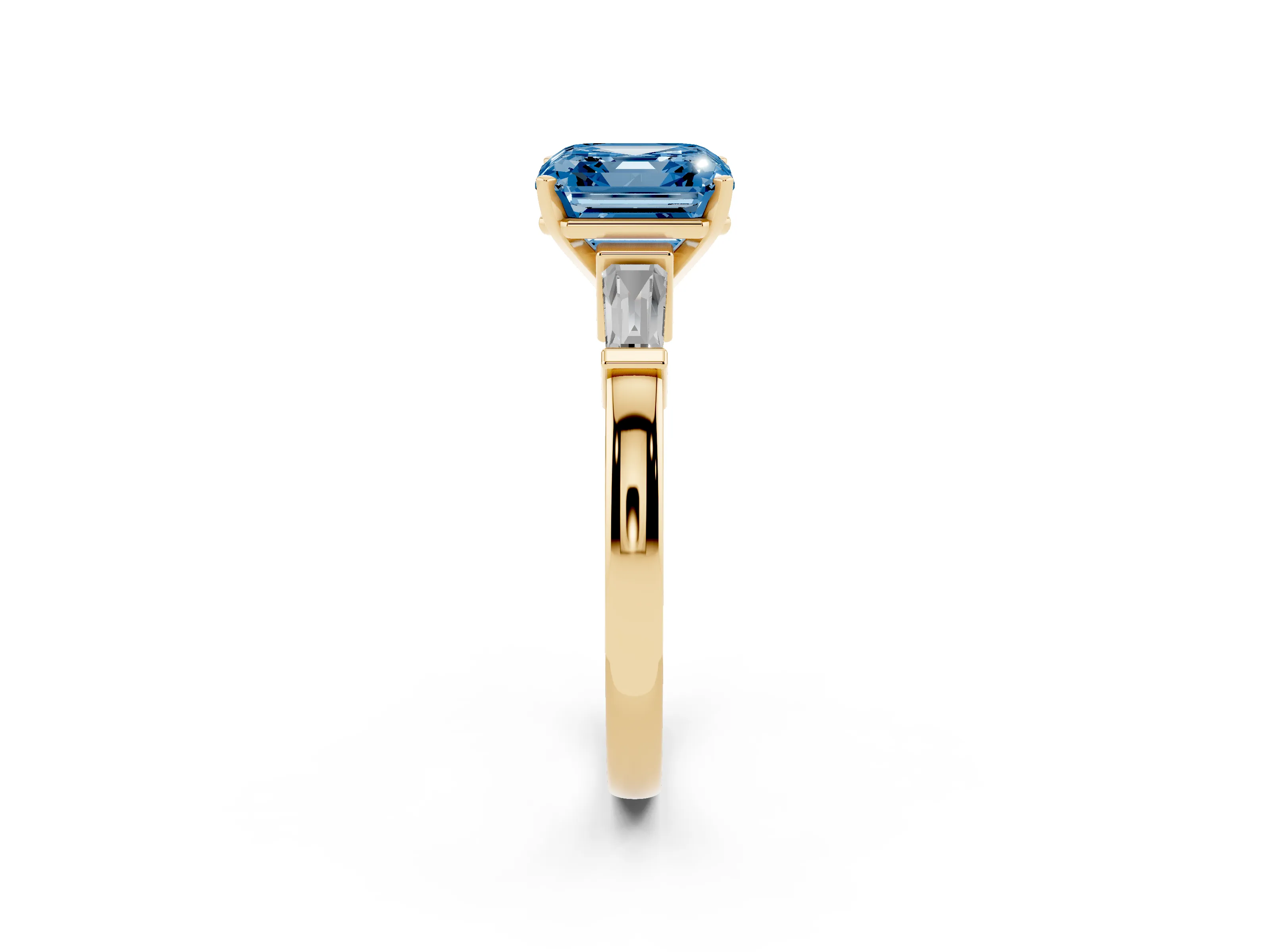 Fancy Blue Asscher Cut Diamond Solitaire Ring Set in Yellow gold with Tapered Baguette Accents and Prong Setting