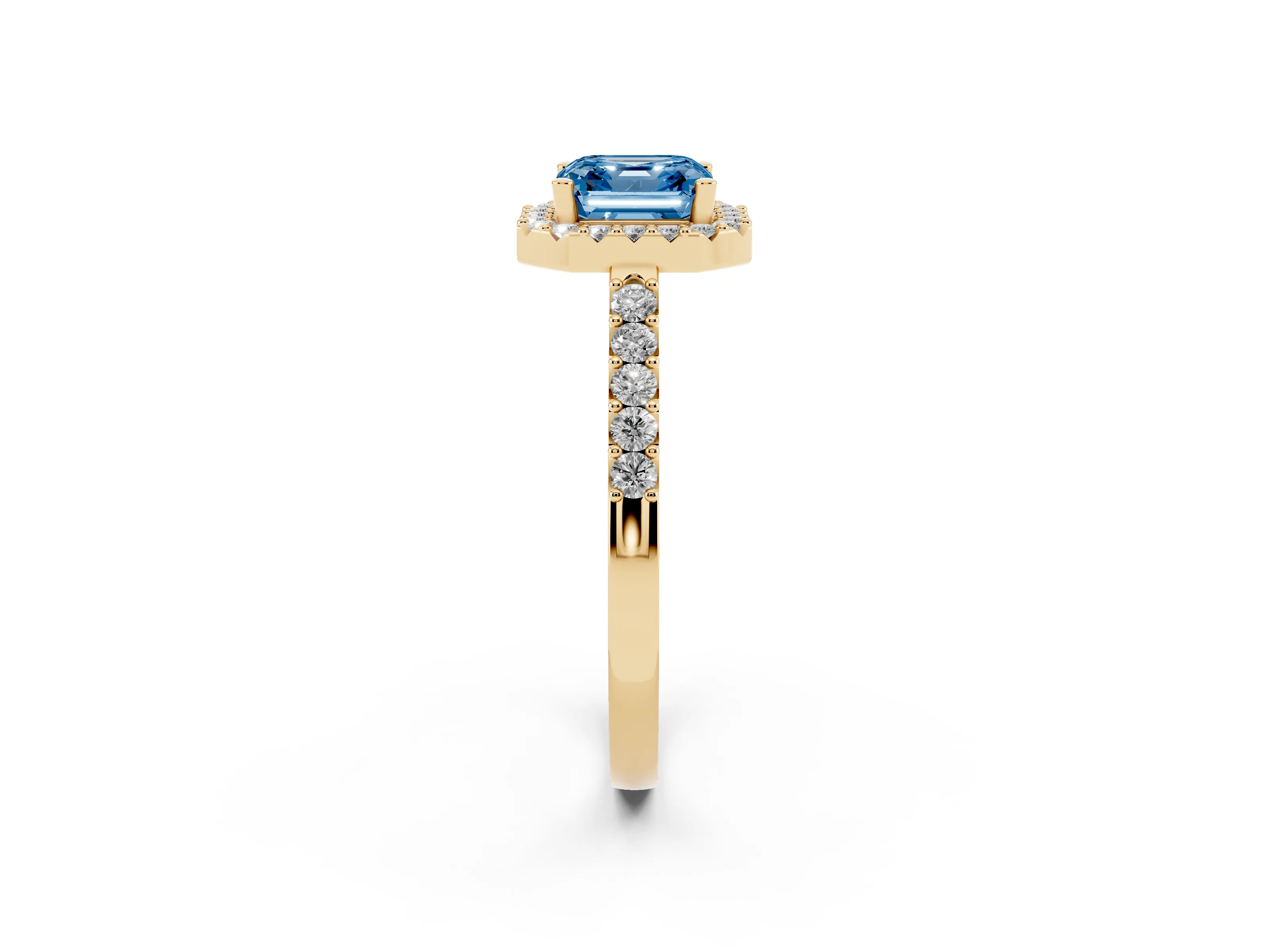 Fancy Blue Asscher Cut Diamond Halo Pavé Solitaire Ring Set in Yellow gold with Prong-Set Center Stone
