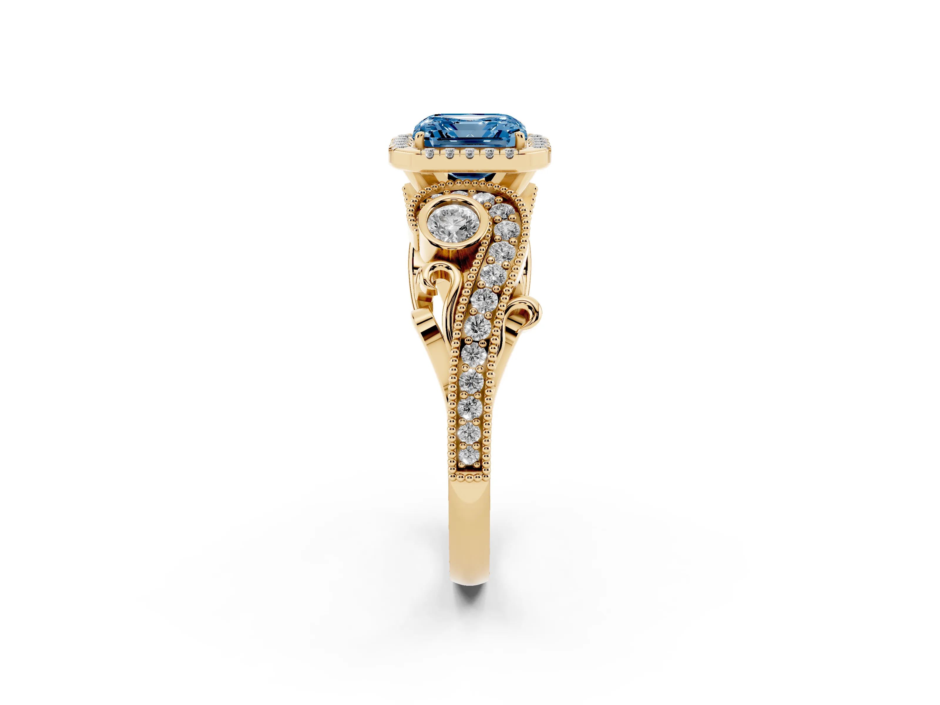 Fancy Blue Asscher Cut Diamond Halo Ring Set in Yellow gold with Milgrain Pavé Band and Prong Setting