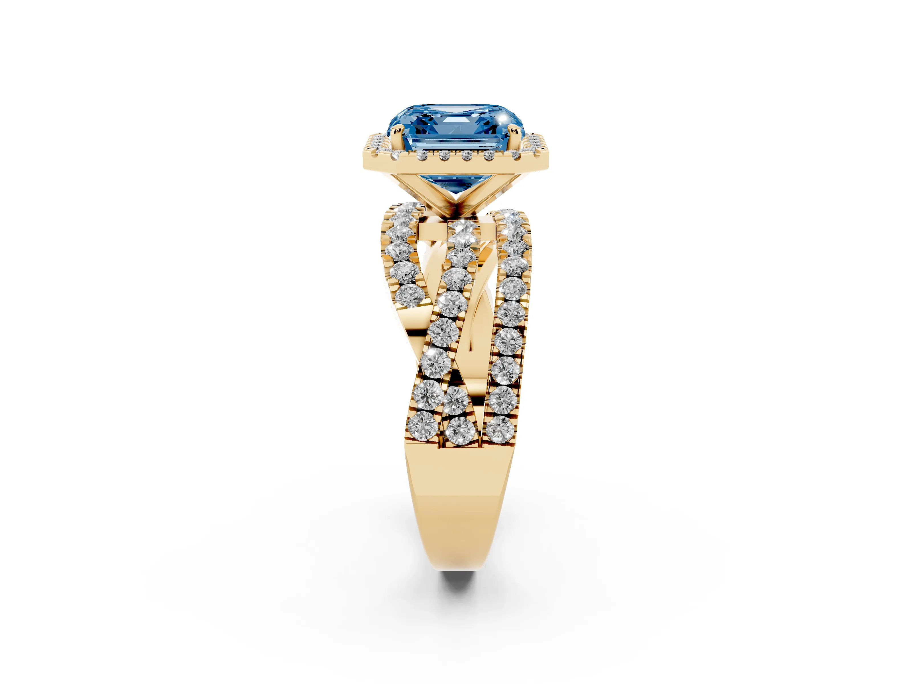 Fancy Blue Asscher Cut Diamond Halo Ring Set in Yellow gold with Round Crossover Split Shank and Prong Setting