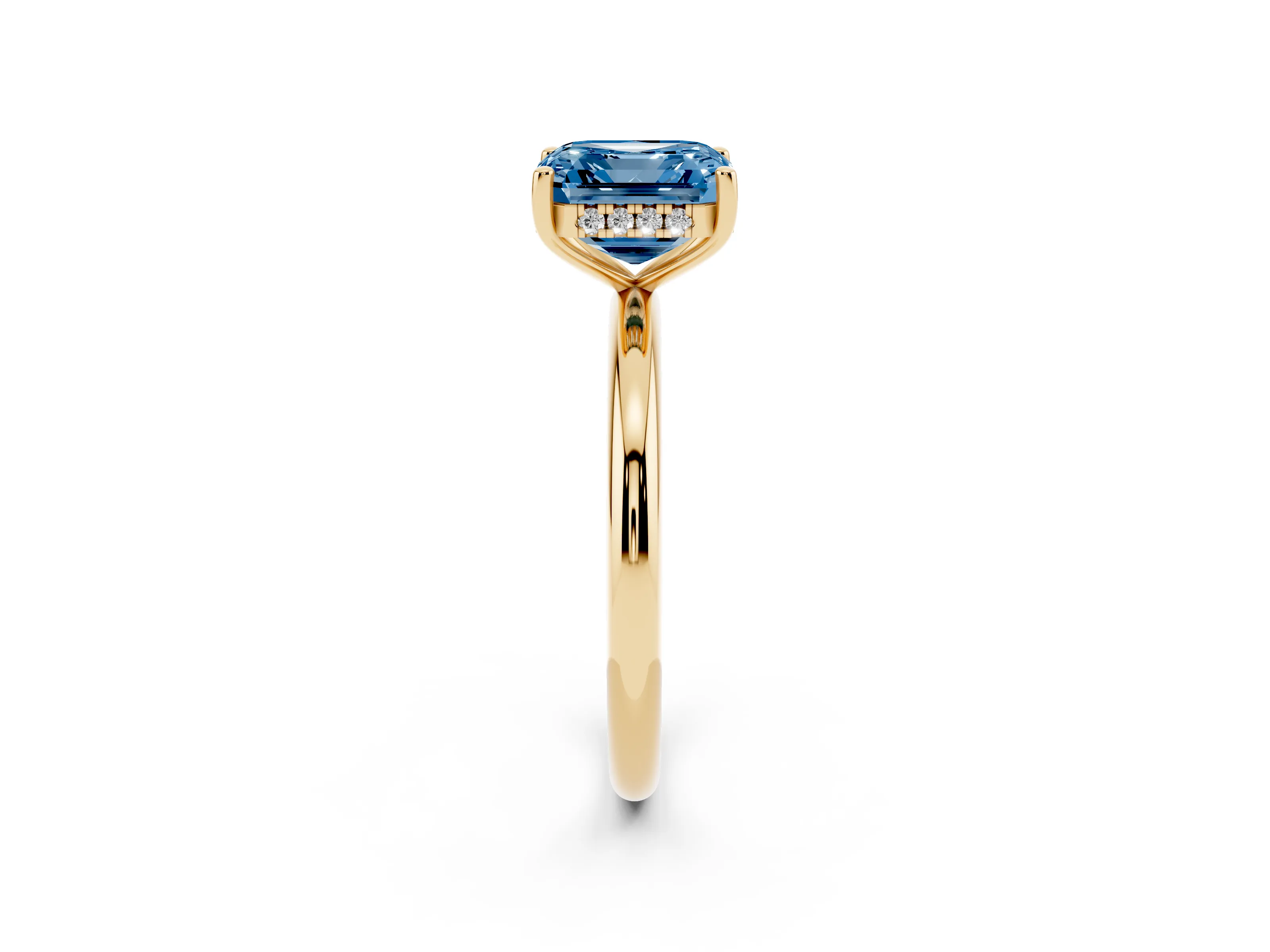 Fancy Blue Asscher Cut Diamond Solitaire Engagement Ring Set in Yellow gold with Prong Setting and Polished Band