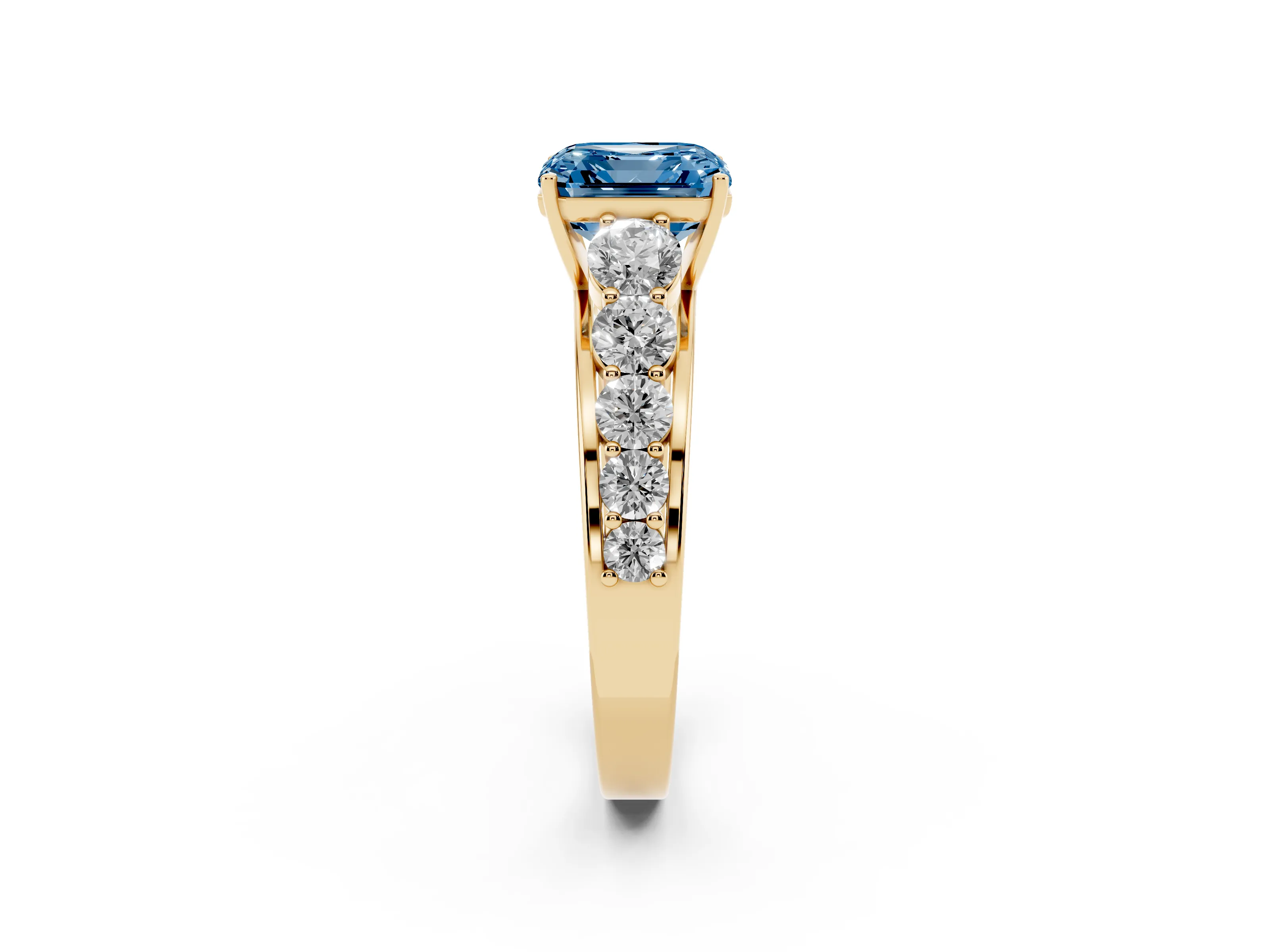 Fancy Blue Asscher Cut Diamond Solitaire Ring Set in Yellow gold with Pavé-Set Band and Prong Setting