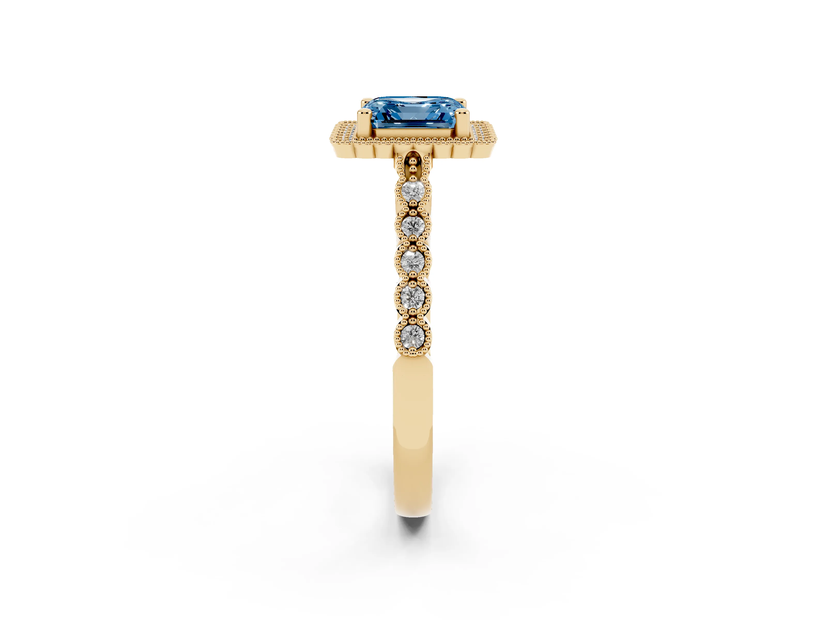 Fancy Blue Asscher Cut Diamond Halo Ring Set in Yellow gold with Pavé Milgrain Band