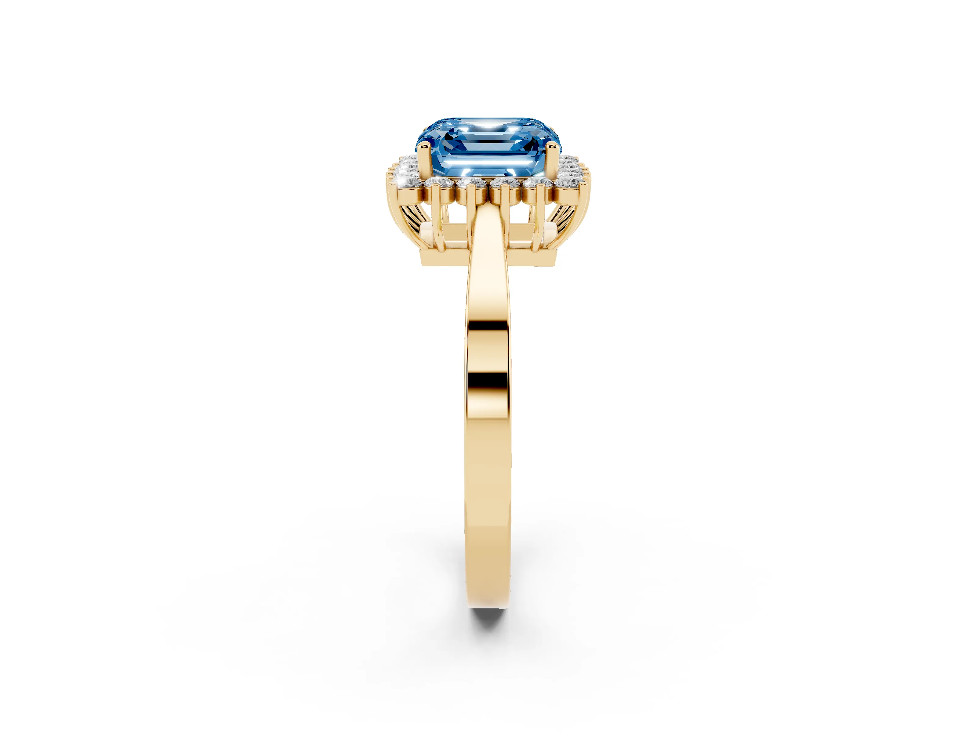Fancy Blue Asscher Cut Diamond Halo Ring Set in Yellow gold with Round Halo and Smooth Solitaire Band