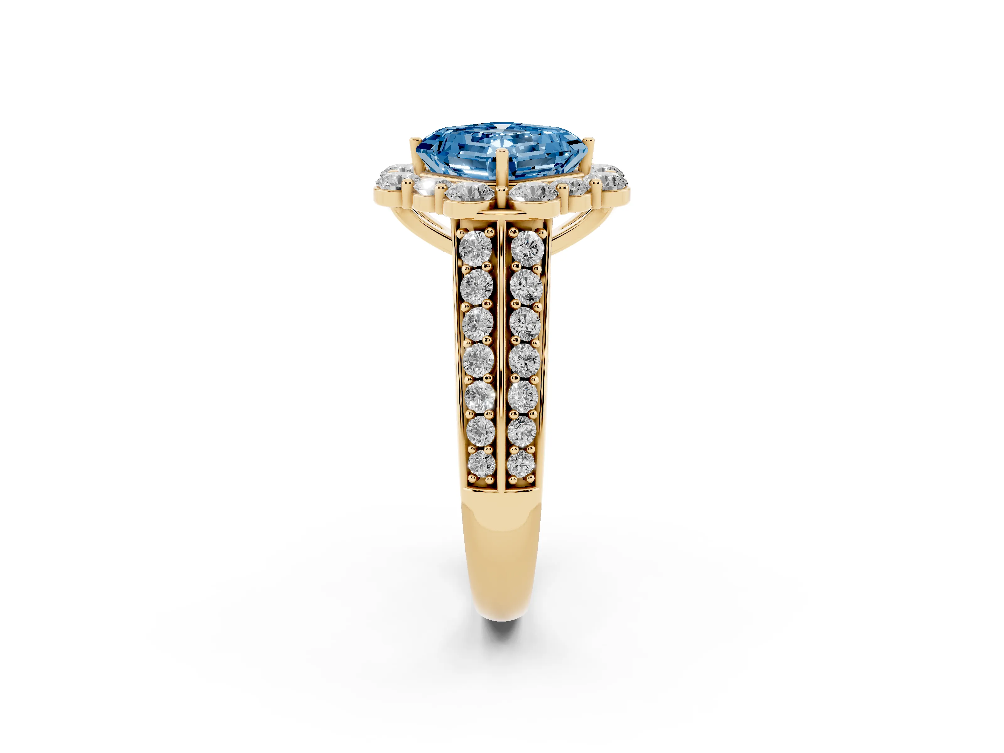 Fancy Blue Asscher Cut Diamond Halo Engagement Ring Set in Yellow gold with Split Shank and Prong Setting