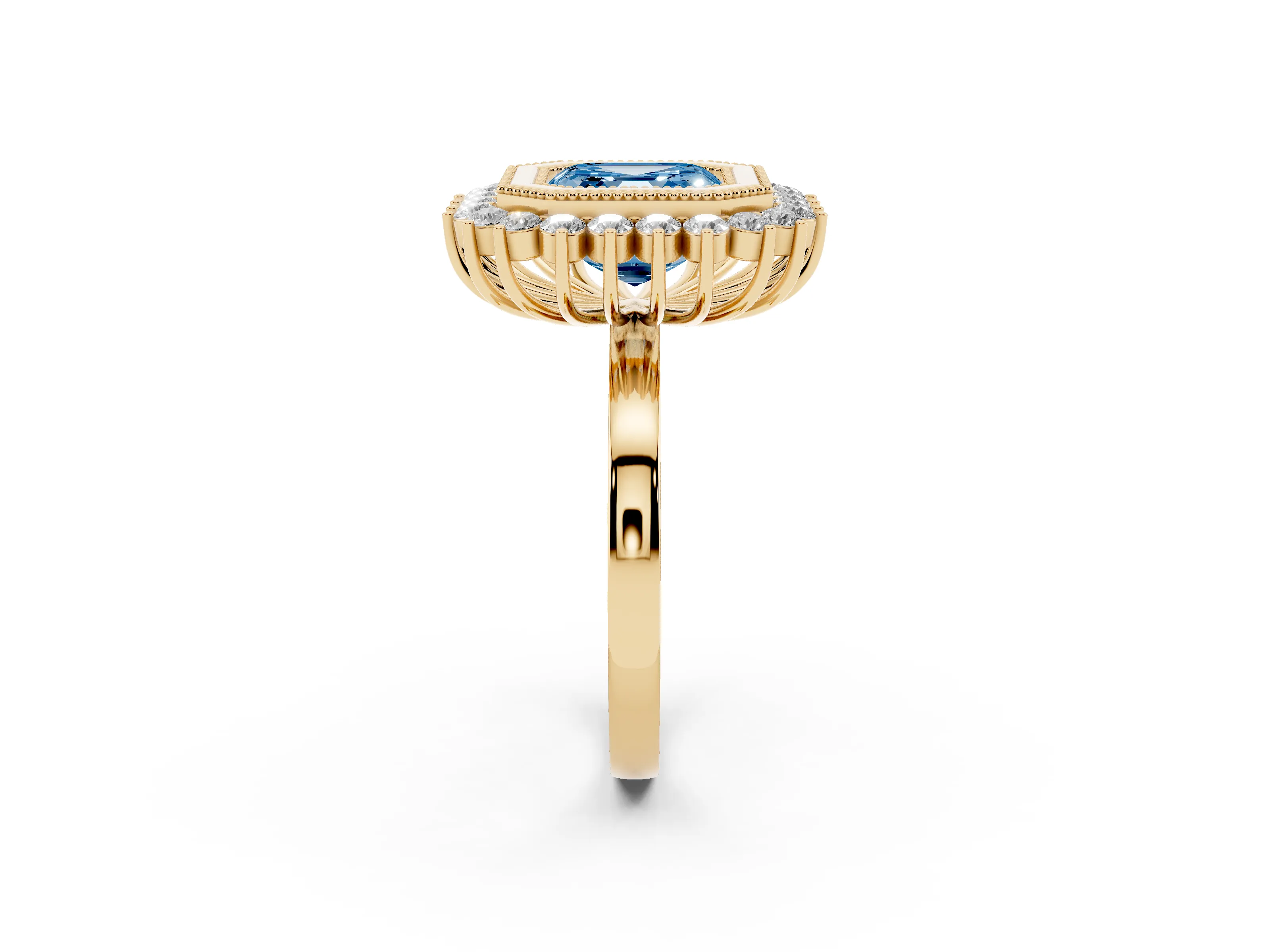 Fancy Blue Asscher Cut Diamond Halo Ring Set in Yellow gold with Milgrain Edge and Round Prong Setting